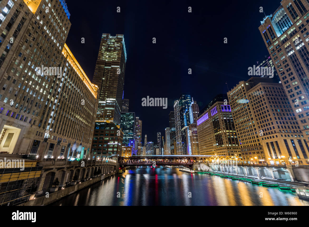 Chicago downtown illuminated view by the river at night Stock Photo - Alamy