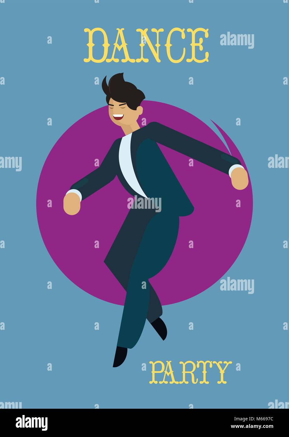 Retro dance party poster. with dancing man Vector illustration. Stock Vector