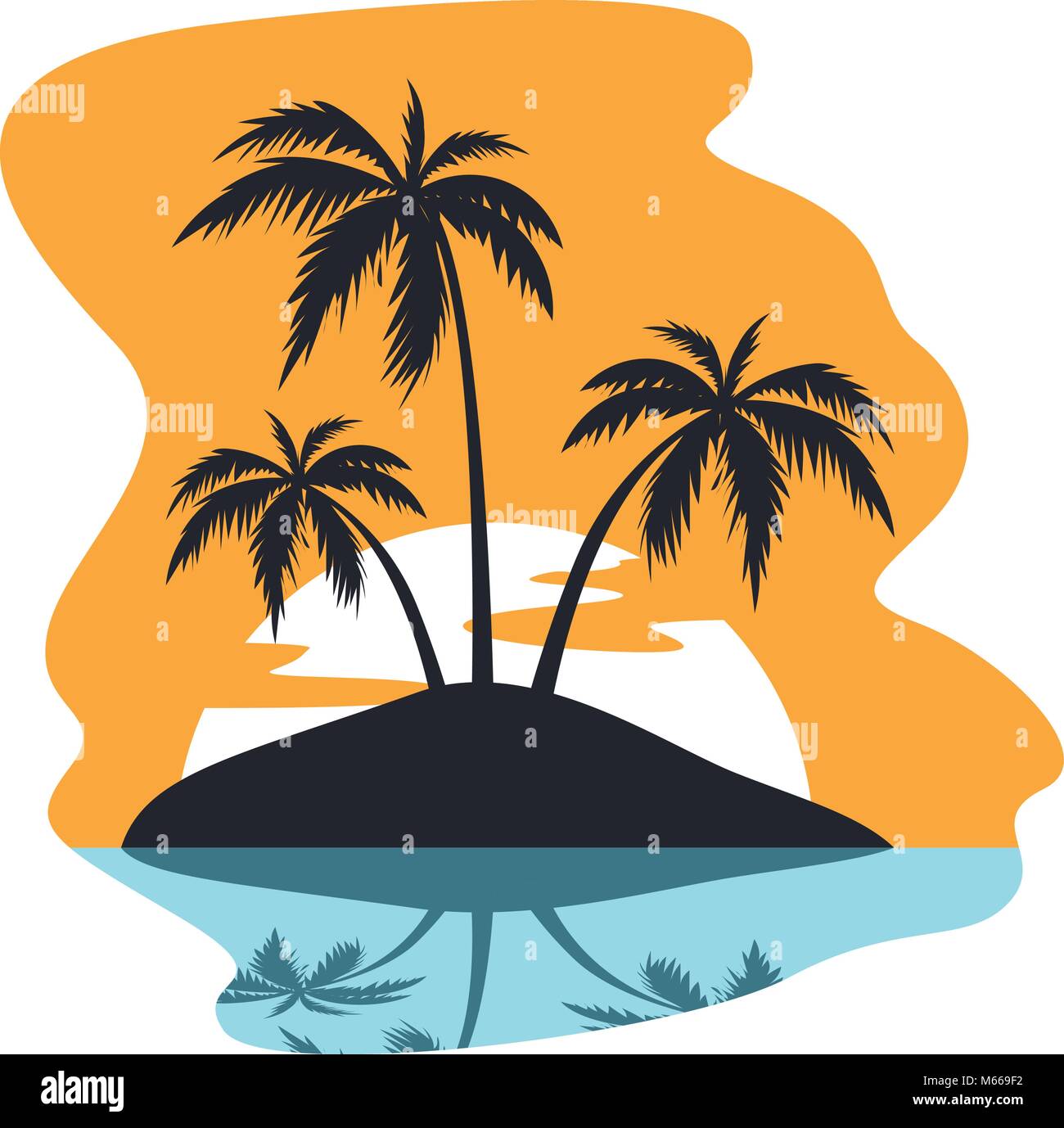 BEACH THEME. vector illustration of the wave, tropical island palm trees and the sun Stock Vector