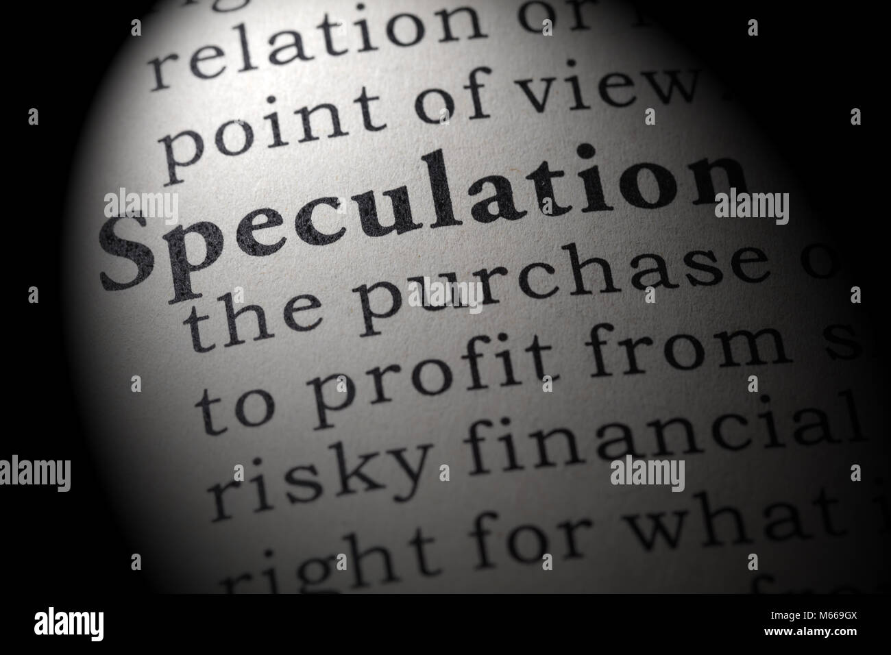 Fake Dictionary, Dictionary definition of the word speculation. including key descriptive words. Stock Photo