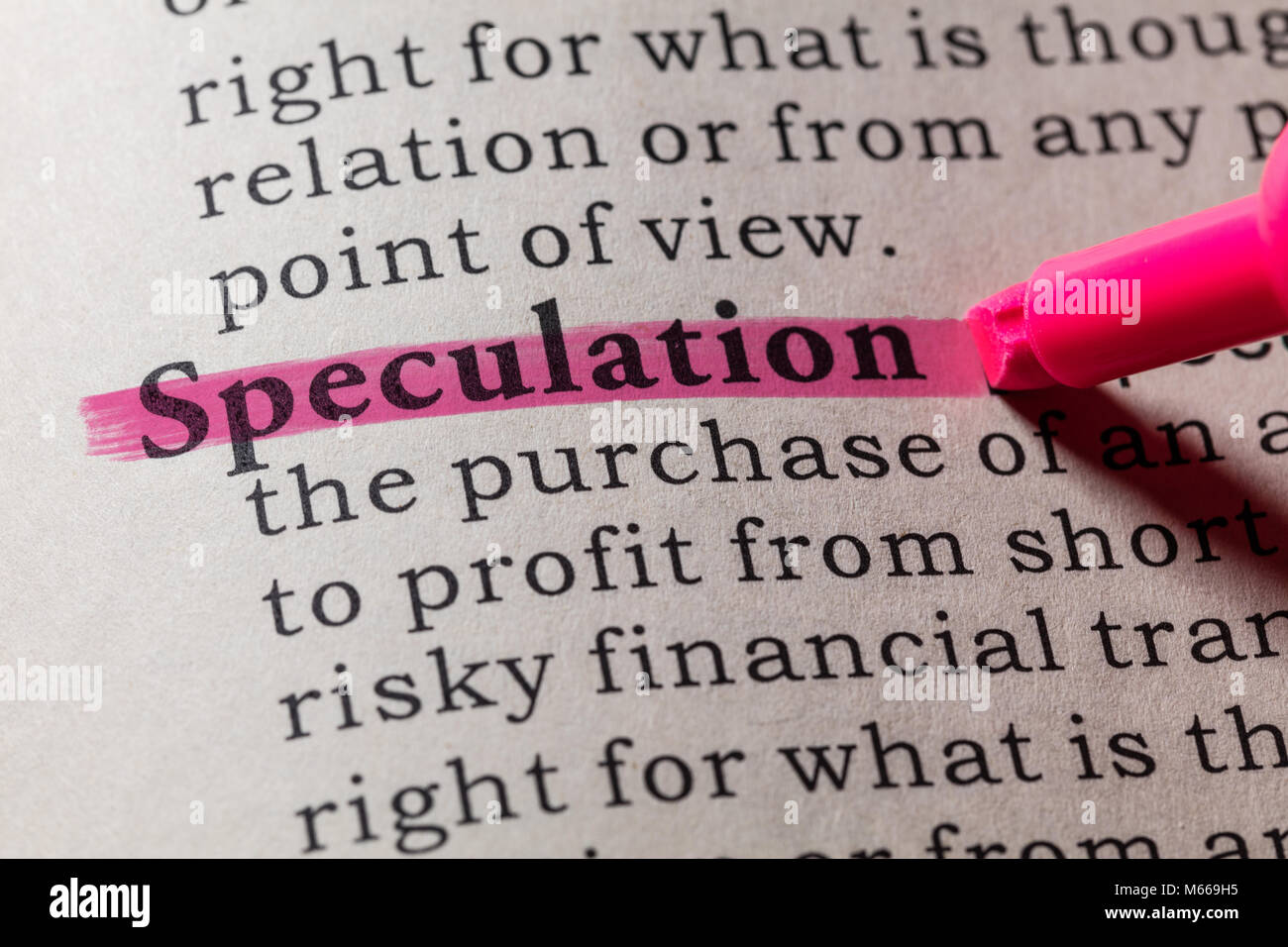 Fake Dictionary, Dictionary definition of the word speculation. including key descriptive words. Stock Photo