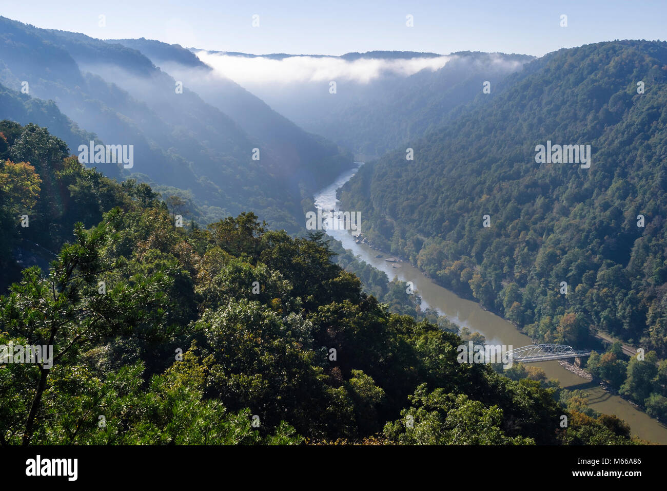 West Virginia,Appalachia Fayette County,Fayetteville,New River Gorge National River,water,tributary,Appalachian Mountains,morning fog,view from Canyon Stock Photo