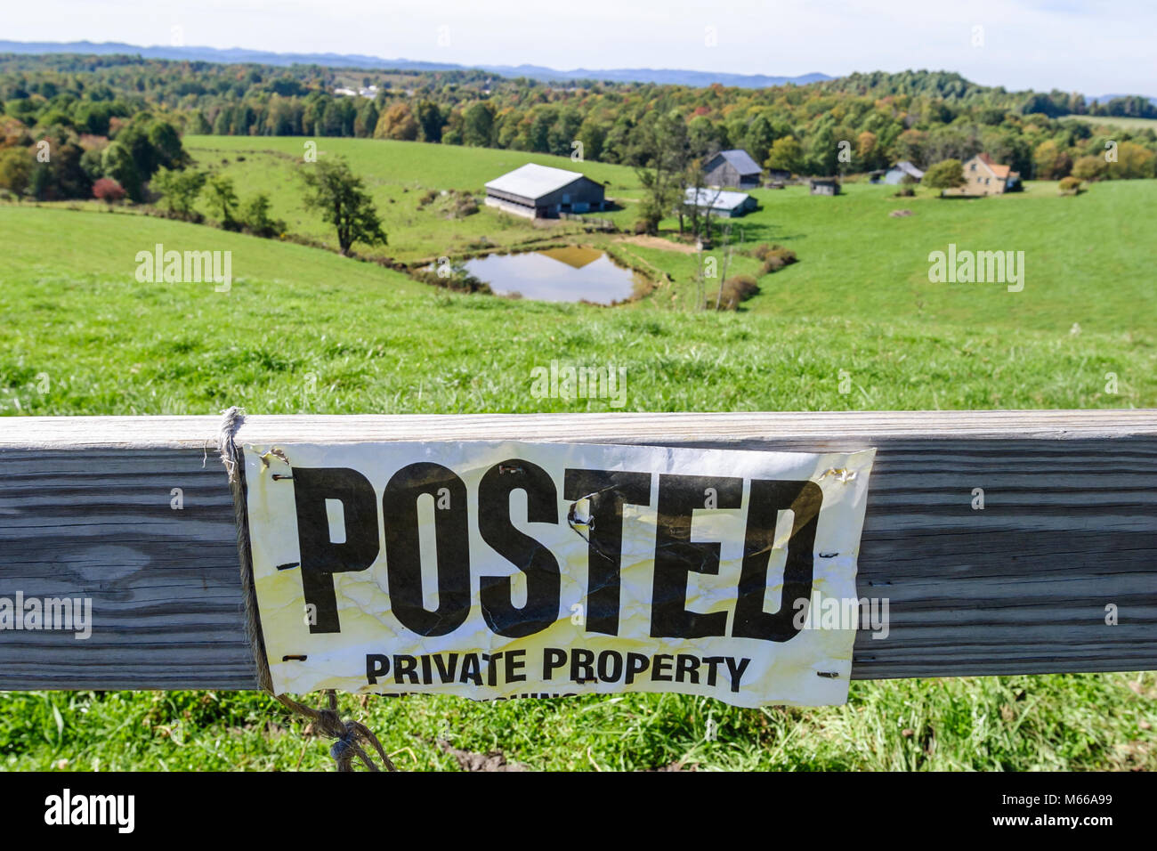 West Virginia,Appalachia Nicholas County,Mt. Nebo,information,message,advertise,banner,announcement,notice,Posted Private Property,farmland,farm,farm, Stock Photo