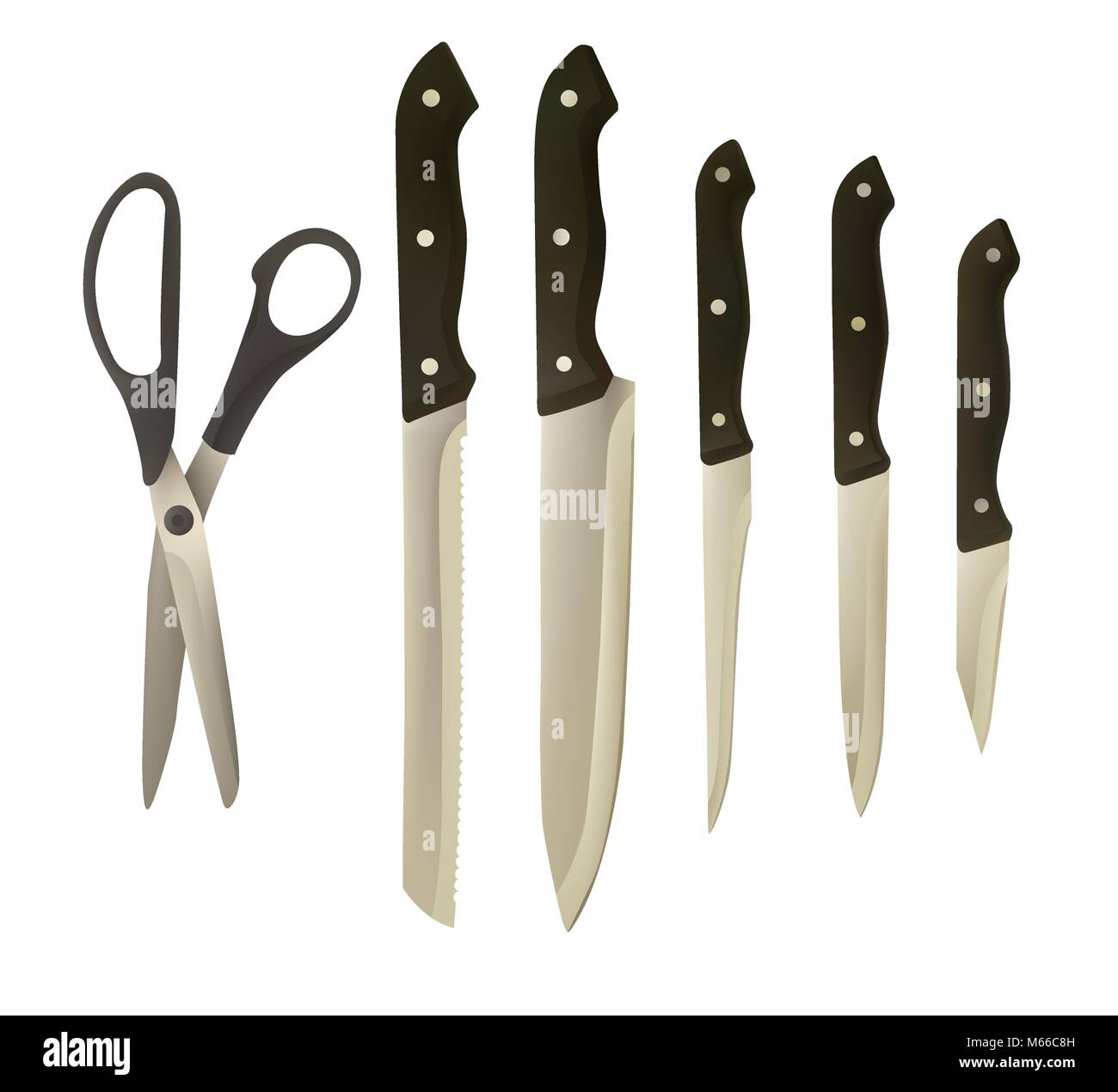 A set of knives and scissors with a black handle Stock Vector Image