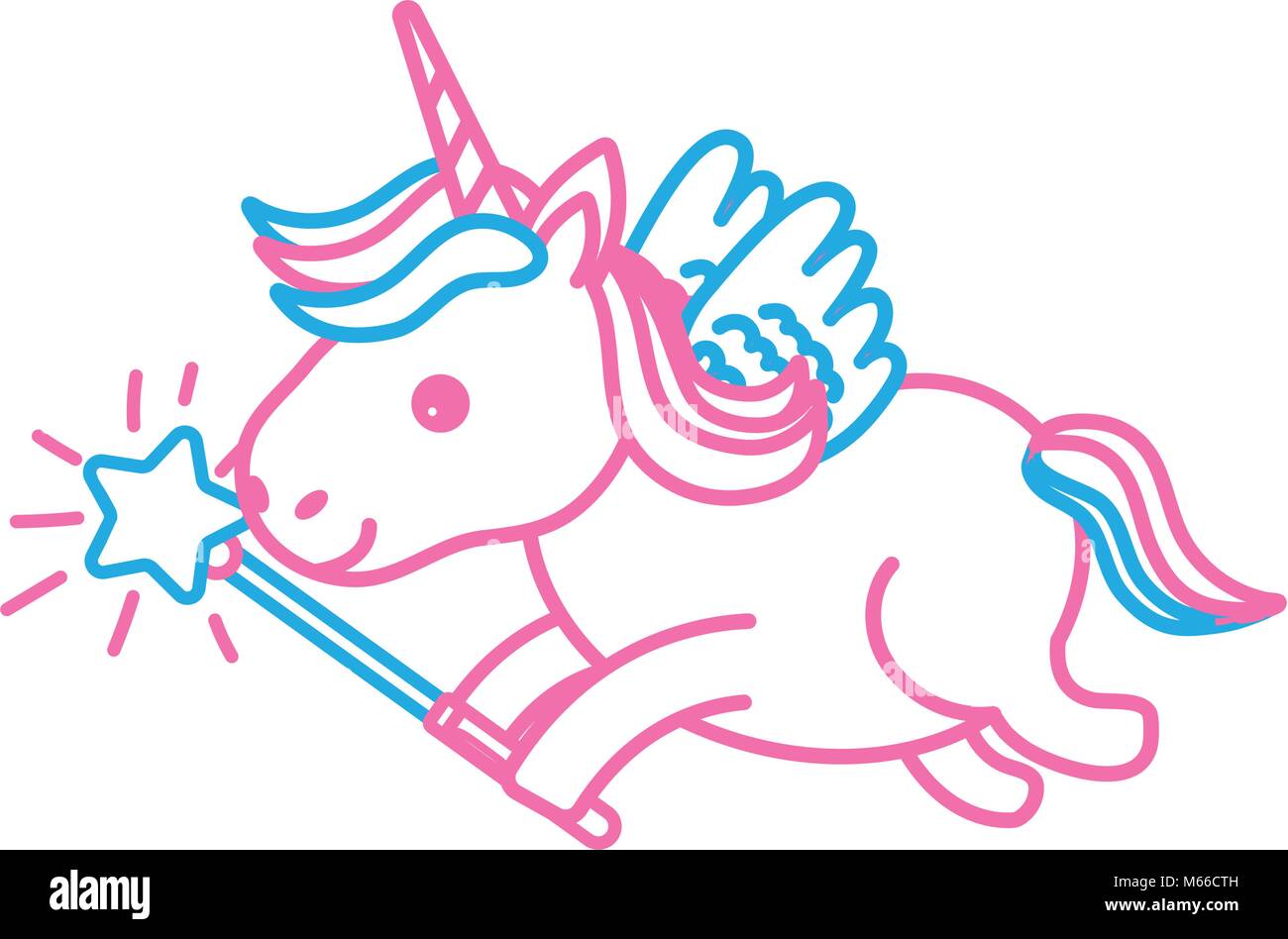 line beauty unicorn with wings and magic wand Stock Vector Image & Art ...