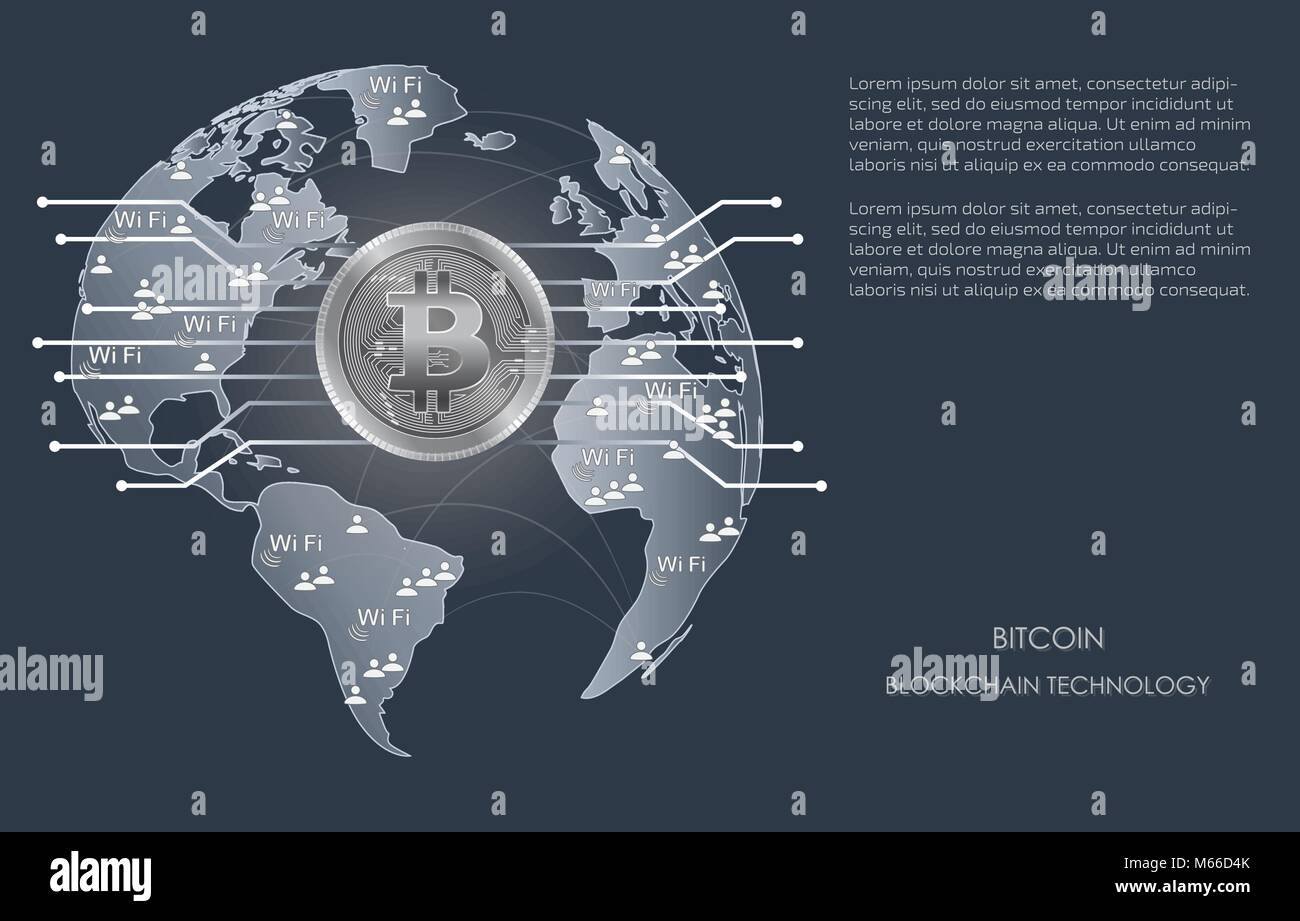 World blockchain technology. Banner with the image of the planet, silver bitcoins, users, Internet connection. Stock Vector