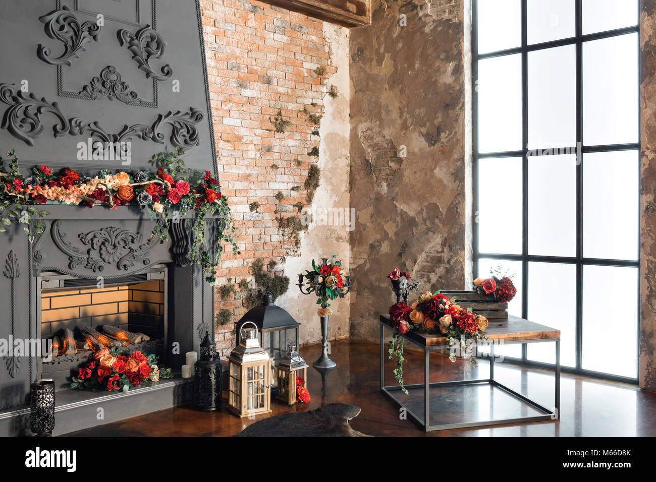 Interior With Fireplace Candles Skin Of Cows Brick Wall Large