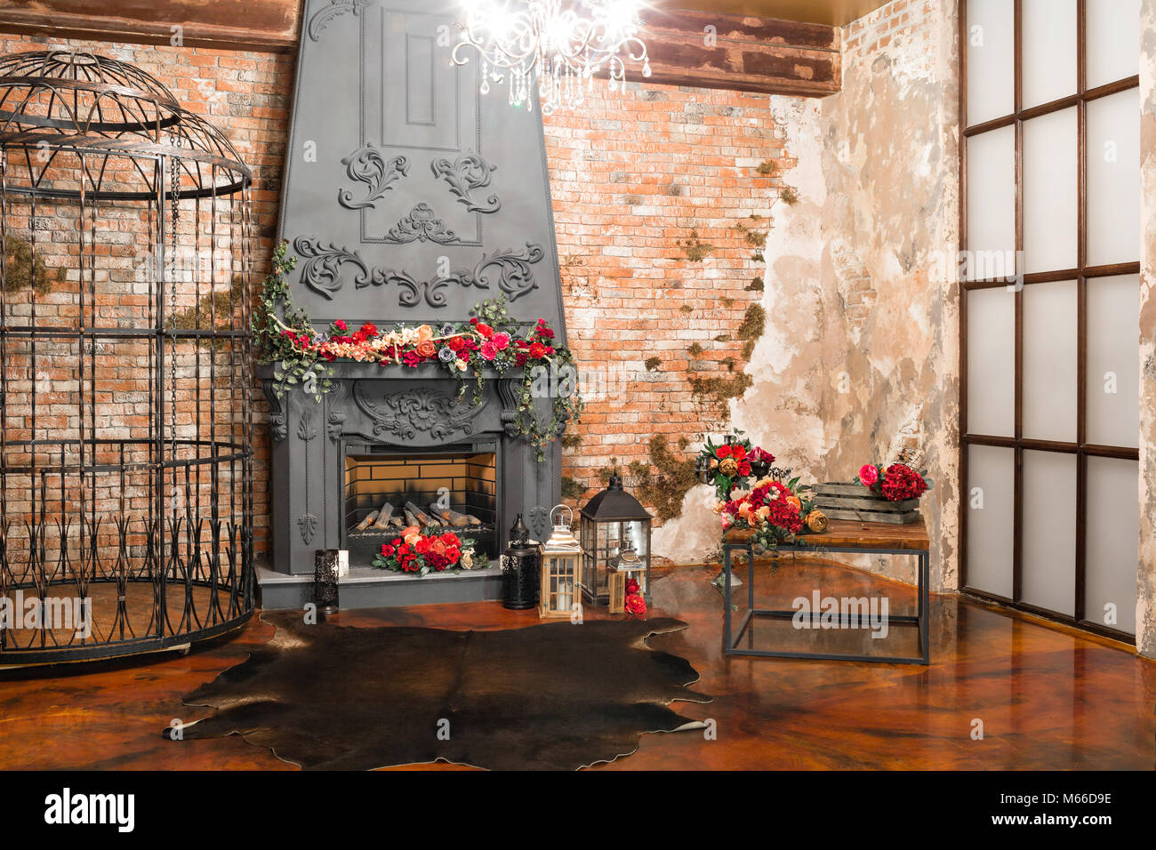 Interior With Fireplace Candles Skin Of Cows Brick Wall Large