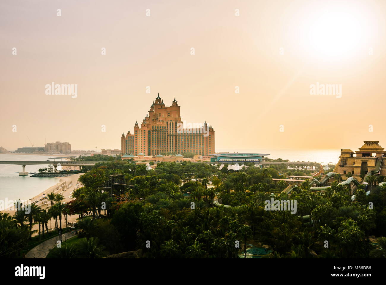 Dubai, United Arab Emirates - February 24, 2018: Atlantis hotel and water park panorama on the Palm Jumeirah island, view from the water park, tourist Stock Photo