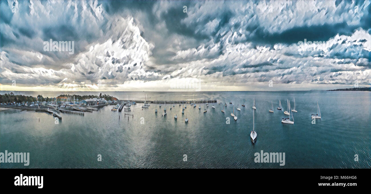 Stylized drawing of pier and yachts at sea under cloudy sky Stock Photo ...