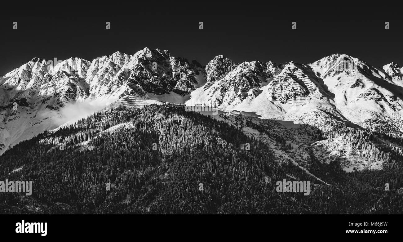 Insbruck ski resort panorama in black and white, Tirol, Austria Stock Photo