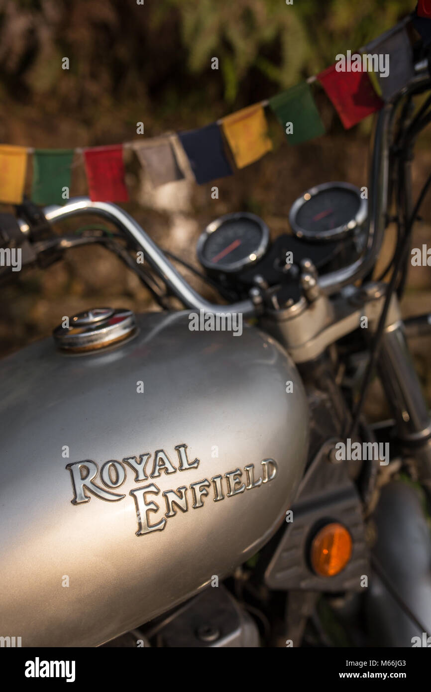 Meghalaya, India - May 8, 2017: Legendary Royal Enfield Thunderbird motorbike. Close-up view at a fuel tank with a motorcycle logo. Stock Photo