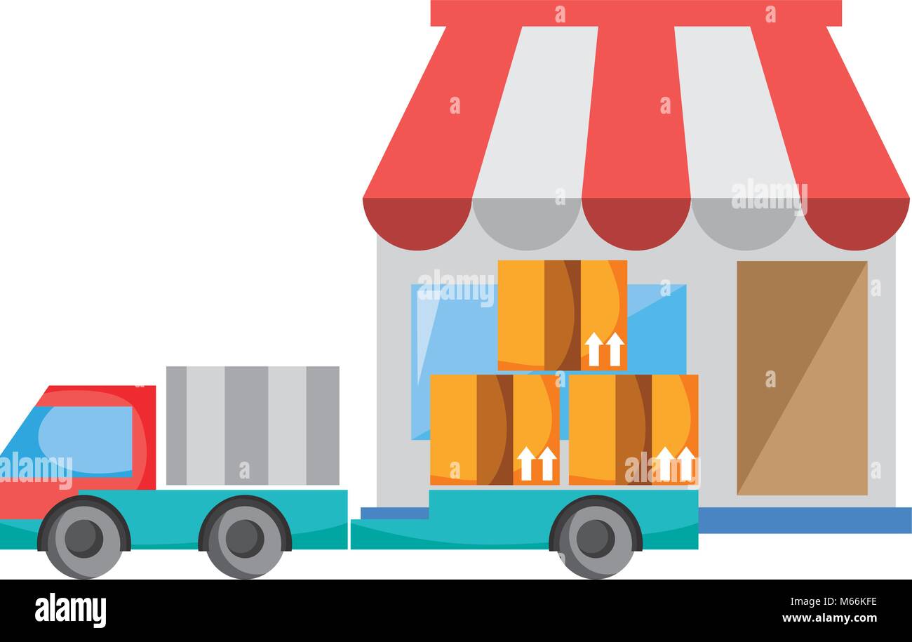 delivery store with truck transportation and packages Stock Vector ...