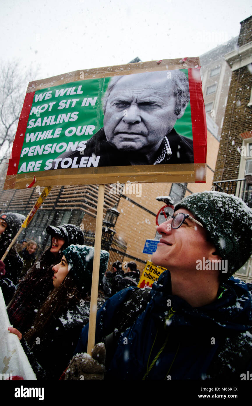 University staff and students demonstrate against pension cuts. A member of the Anthropology department holds a placard referencing Sahlins Stock Photo