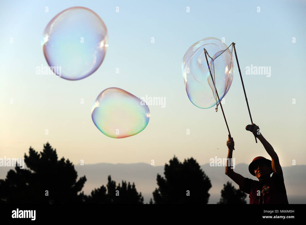 Picture by Tim Cuff -  16 December 2017 -  Nelson Summer Festival Lantern Celebration at Botanical Hill,, Nelson, New Zealand.- giant bubbles Stock Photo