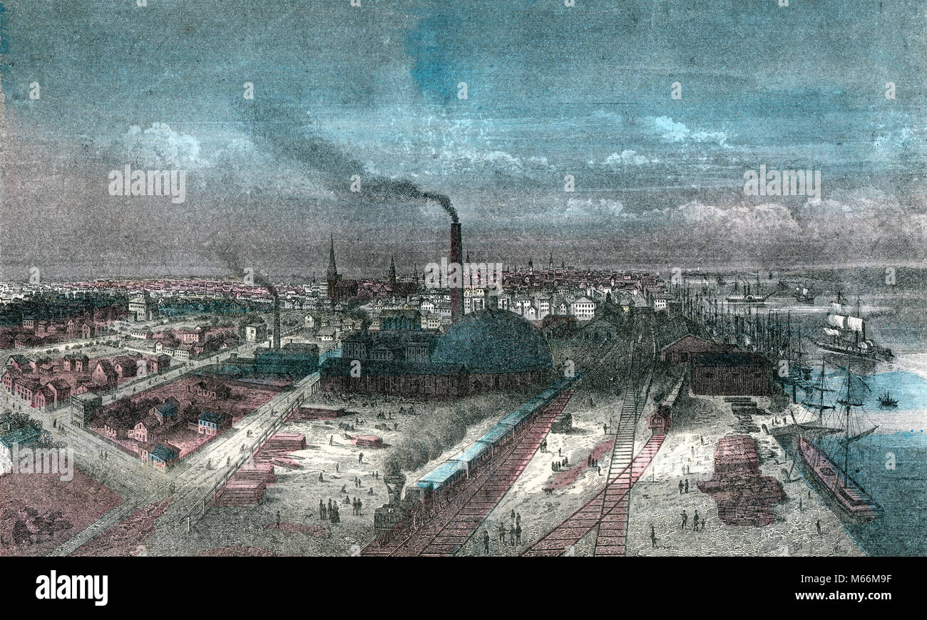 1800s 1870-1880 ENGRAVING OVERVIEW OF CITY DETROIT MICHIGAN USA - kh13238 CPC001 HARS SMOKESTACKS Stock Photo
