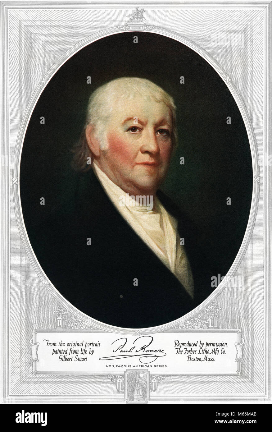 1800s 1813 PORTRAIT OF PAUL REVERE AMERICAN PATRIOT AND SILVERSMITH LOOKING AT CAMERA BY GILBERT STUART COLOR HALFTONE - kh13248 CPC001 HARS 1775 1813 AUTOGRAPH BOSTONIAN CAUCASIAN ETHNICITY GILBERT STUART LOOKING AT CAMERA OLD FASHIONED SILVERSMITH Stock Photo