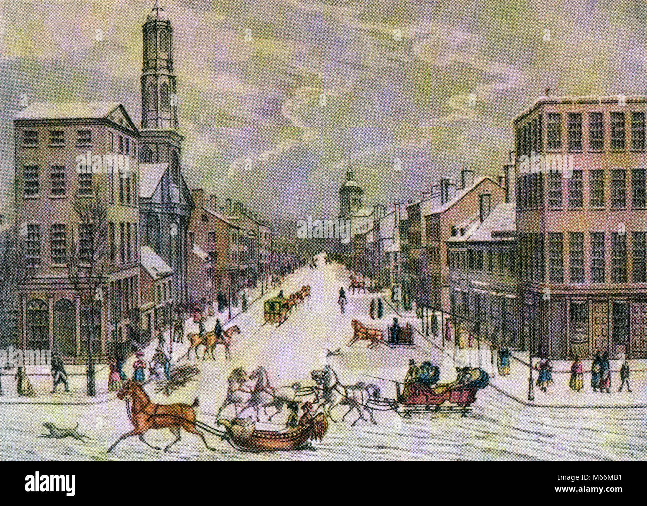 1836 WINTER SCENE ON WALL STREET COLOR HALFTONE NEW YORK CITY NY USA - kh13257 CPC001 HARS HISTORIC CARRIAGE HORIZON MAMMALS PROPERTY STREETS GOTHAM NYC REAL ESTATE NEW YORK STRUCTURES CITIES EDIFICE NEW YORK CITY SMALL GROUP OF ANIMALS HORSE DRAWN 1830s MAMMAL 1836 OLD FASHIONED PERSPECTIVE Stock Photo