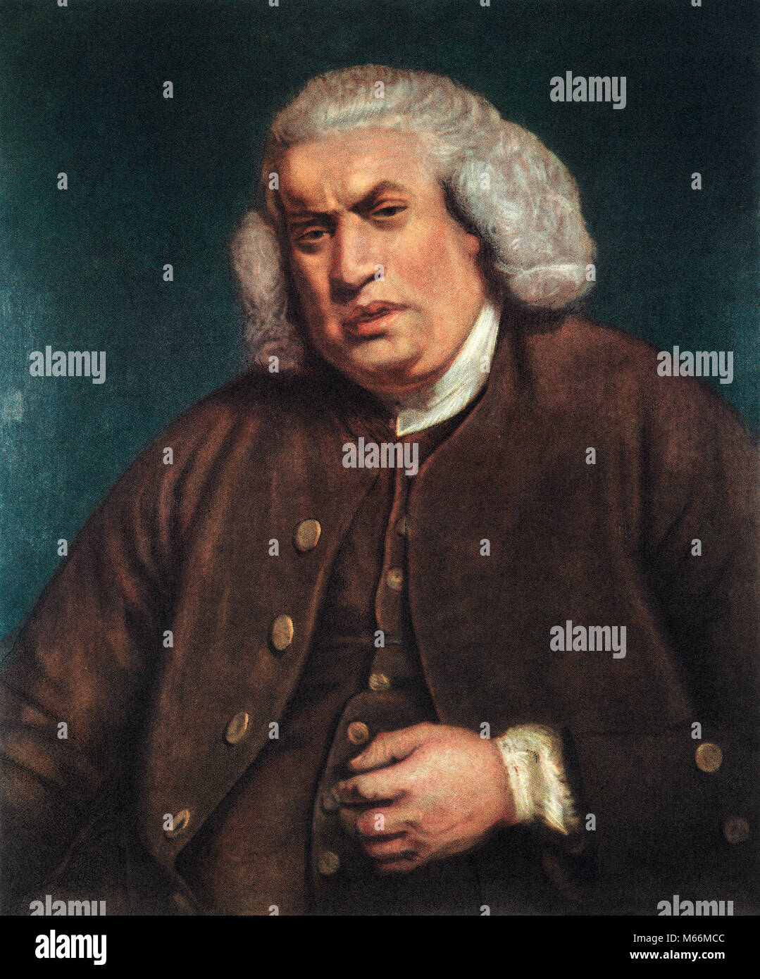 1700s 1772 PORTRAIT SAMUEL JOHNSON BY REYNOLDS DR. JOHNSON PUBLISHED IN 1755 A DICTIONARY OF ENGLISH LANGUAGE COLOR HALFTONE - kh13272 CPC001 HARS ESSAYIST INTELLECTUAL JOSHUA REYNOLDS LEXICOGRAPHER LOOKING AT CAMERA MORALIST OLD FASHIONED PERSONS POET PUBLISHED REYNOLDS SAMUEL SAMUEL JOHNSON SCHOLAR Stock Photo