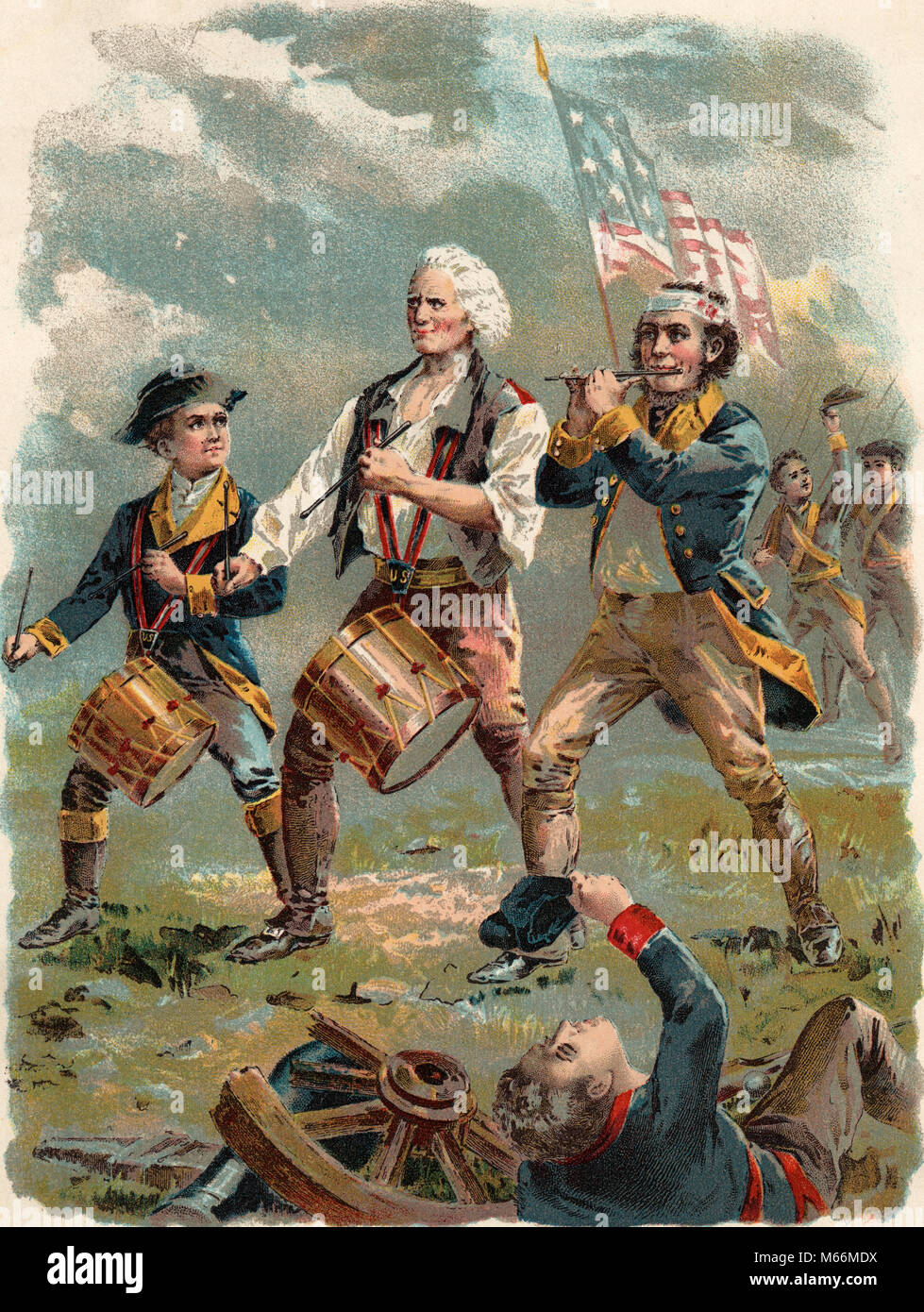 1770s 1776 THE OLD CONTINENTALS VERSION OF SPIRIT OF 76 DRUMMER PIPER FLAG COLOR HALFTONE BY ARCHIBALD MACNEAL WILLARD - kh13284 CPC001 HARS WAR OF INDEPENDENCE DRUMMER REVOLT SMALL GROUP OF PEOPLE AMERICAN REVOLUTIONARY WAR YANKEE 1770s 76 COLONIES MALES ABBOT HALL ARCHIBALD MACNEAL WILLARD CONTINENTAL ARMY CONTINENTALS DOODLE DRUMS FIFE FIFER MARBLEHEAD MARCHING PLAYING OLD FASHIONED PERSONS PIPER VERSION YANKEE DOODLE Stock Photo