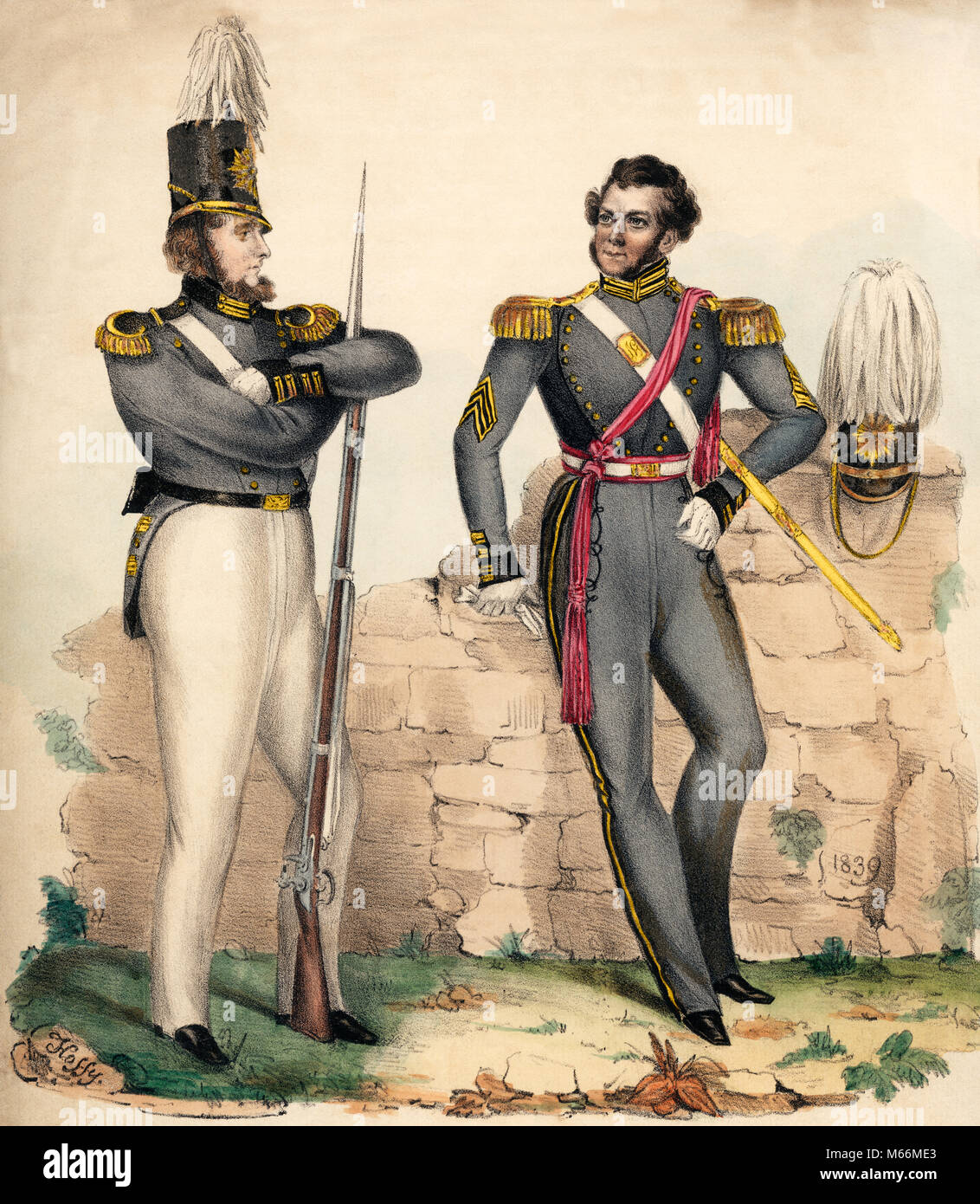 1800s 1839 WILLIAM HUDDY ILLUSTRATION OF AMERICAN MILITARY UNIFORMS THE NATIONAL GREYS OFFICER AND RIFLEMAN - kh13288 CPC001 HARS HISTORIC FEATHERS AND FLINTLOCK UNIFORMS MUSKET PLUME OFFICERS EPAULETTE EPAULETTES FIREARM MALES MID-ADULT MID-ADULT MAN PLUMES SASH SHAKO YOUNG ADULT MAN 1839 CAUCASIAN ETHNICITY CYLINDRICAL GREYS MUZZLE LOADING OLD FASHIONED PERSONS RIFLEMAN WILLIAM HUDDY Stock Photo