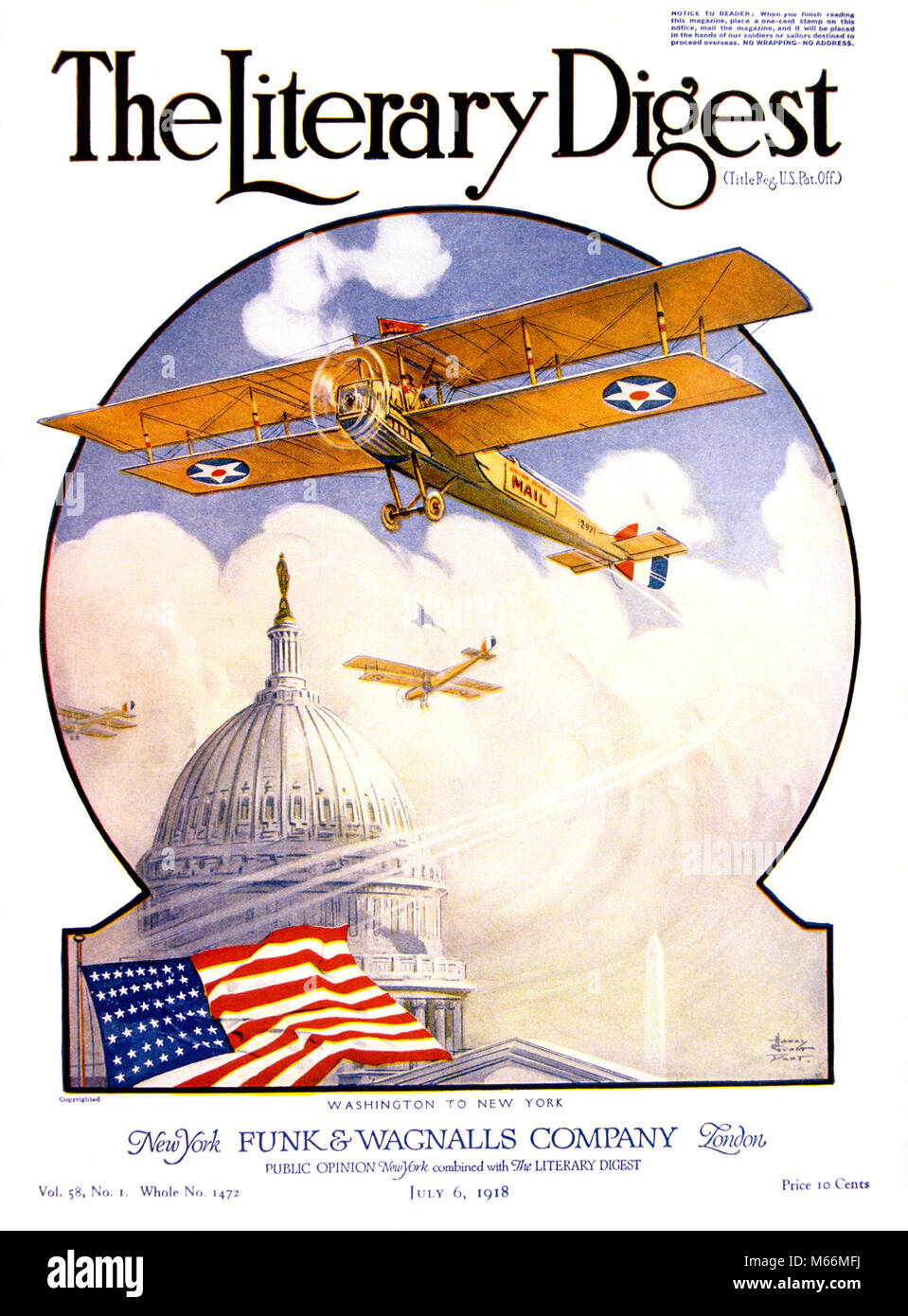 TWO ARMY BIPLANES OVER THE UNITED STATES CAPITOL BUILDING AND AMERICAN FLAG ONE CARRYING MAIL LITERARY DIGEST JULY 1918 - kh13520 NAW001 HARS ADVENTURE CAPITOL CUSTOMER SERVICE COURAGE EXCITEMENT EXTERIOR LOW ANGLE NOBODY POWERFUL PROGRESS PRIDE AVIATION POLITICS CONCEPTUAL PATRIOTIC PUBLICATION 1918 AIR MAIL AIRMAIL AIRPLANES AMERICAN FLAG BIPLANE BIPLANES LITERARY DIGEST OLD FASHIONED PAR AVION Stock Photo