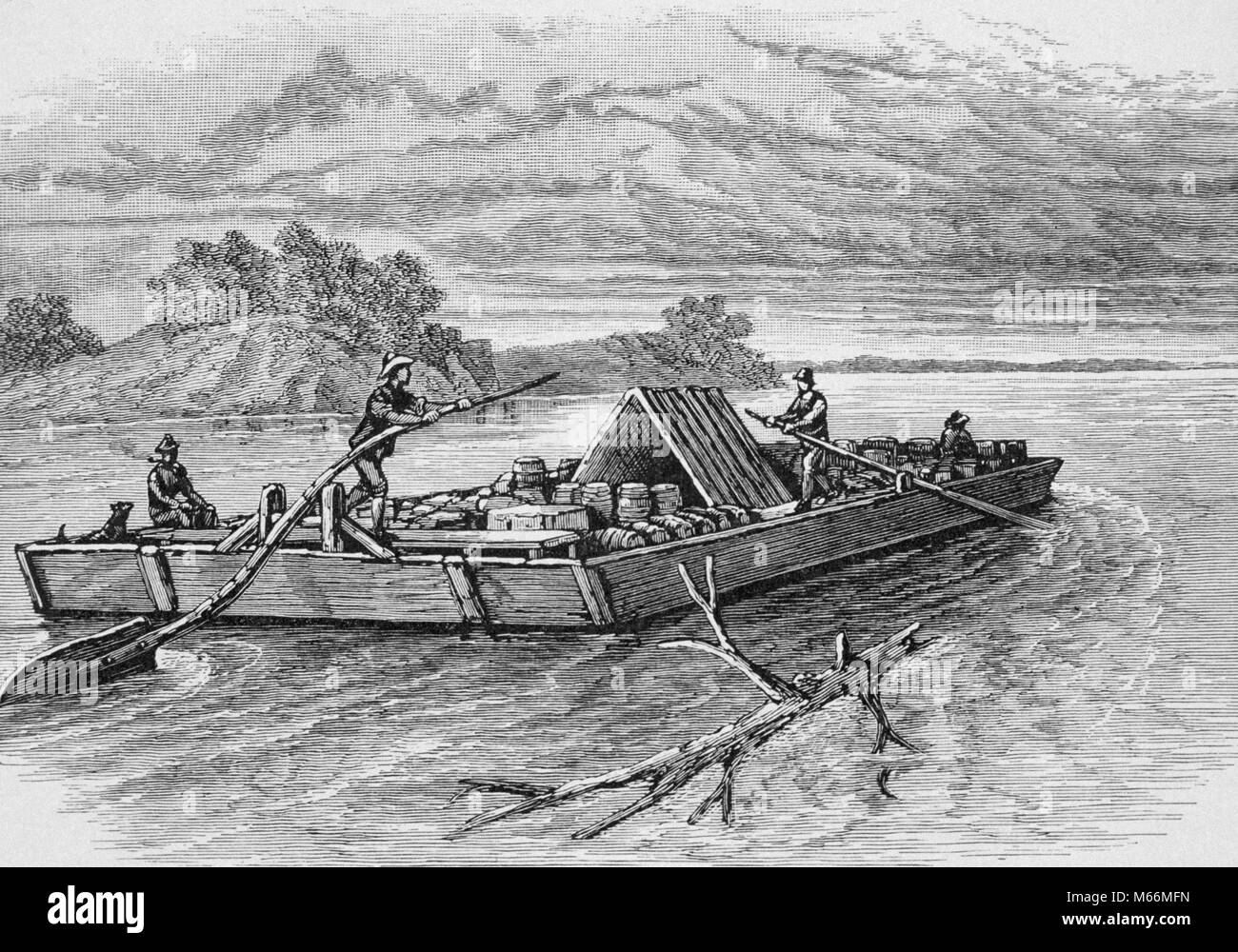 1800s FLATBOAT CARRYING BARRELS OF CARGO AND GOODS GOING DOWN MISSISSIPPI RIVER USA - kh13521 NAW001 HARS GOODS LOG STRENGTH COURAGE AND POWERFUL INNOVATION OPPORTUNITY COOPERATION SMALL GROUP OF PEOPLE COMMERCE LUMBER MID-ADULT MID-ADULT MAN SWEEP B&W BARRELS BLACK AND WHITE BOATMAN BOATMEN FLAT BOATMEN FLAT-BOTTOMED FLATBOAT MISSISSIPPI OCCUPATIONS OLD FASHIONED ONE-WAY TILLER TRADERS VESSEL Stock Photo