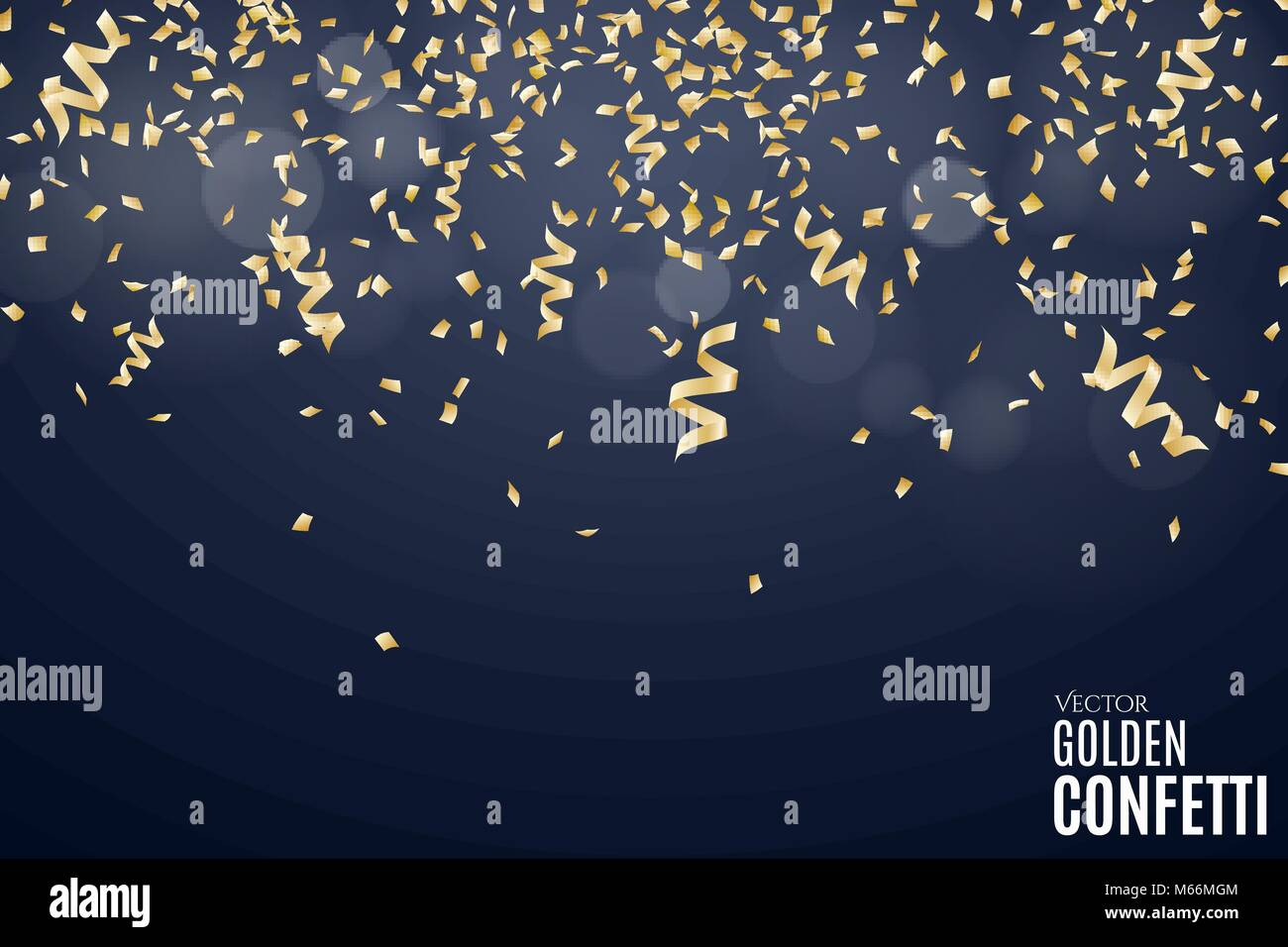 Many falling golden confetti and ribbons on a dark blue background ...