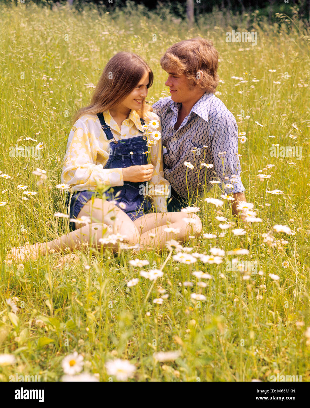 1970s ROMANTIC TEENAGE COUPLE SITTING IN A FIELD OF DAISIES - kj6265 HAR001 HARS PLEASED JOY LIFESTYLE FEMALES RURAL HEALTHINESS NATURE COPY SPACE FRIENDSHIP HALF-LENGTH ADOLESCENT CARING TEENAGE GIRL TEENAGE BOY COUPLES NOSTALGIA TOGETHERNESS SUMMERTIME 13-15 YEARS 16-17 YEARS DATING DAISIES HAPPINESS CHEERFUL LEISURE HAIRSTYLE RELATIONSHIPS SMILES CONNECTION JOYFUL COOPERATION HAIRSTYLES TEENAGED YOUNG LOVE JUVENILES MALES SPRINGTIME CAUCASIAN ETHNICITY FLOWERS DAISY OLD FASHIONED PERSONS Stock Photo