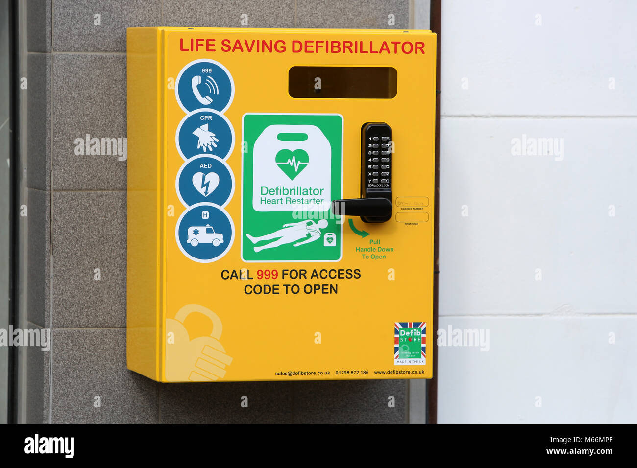 General view of a life saving defibrillator in Bognor Regis, West Sussex, UK. Stock Photo