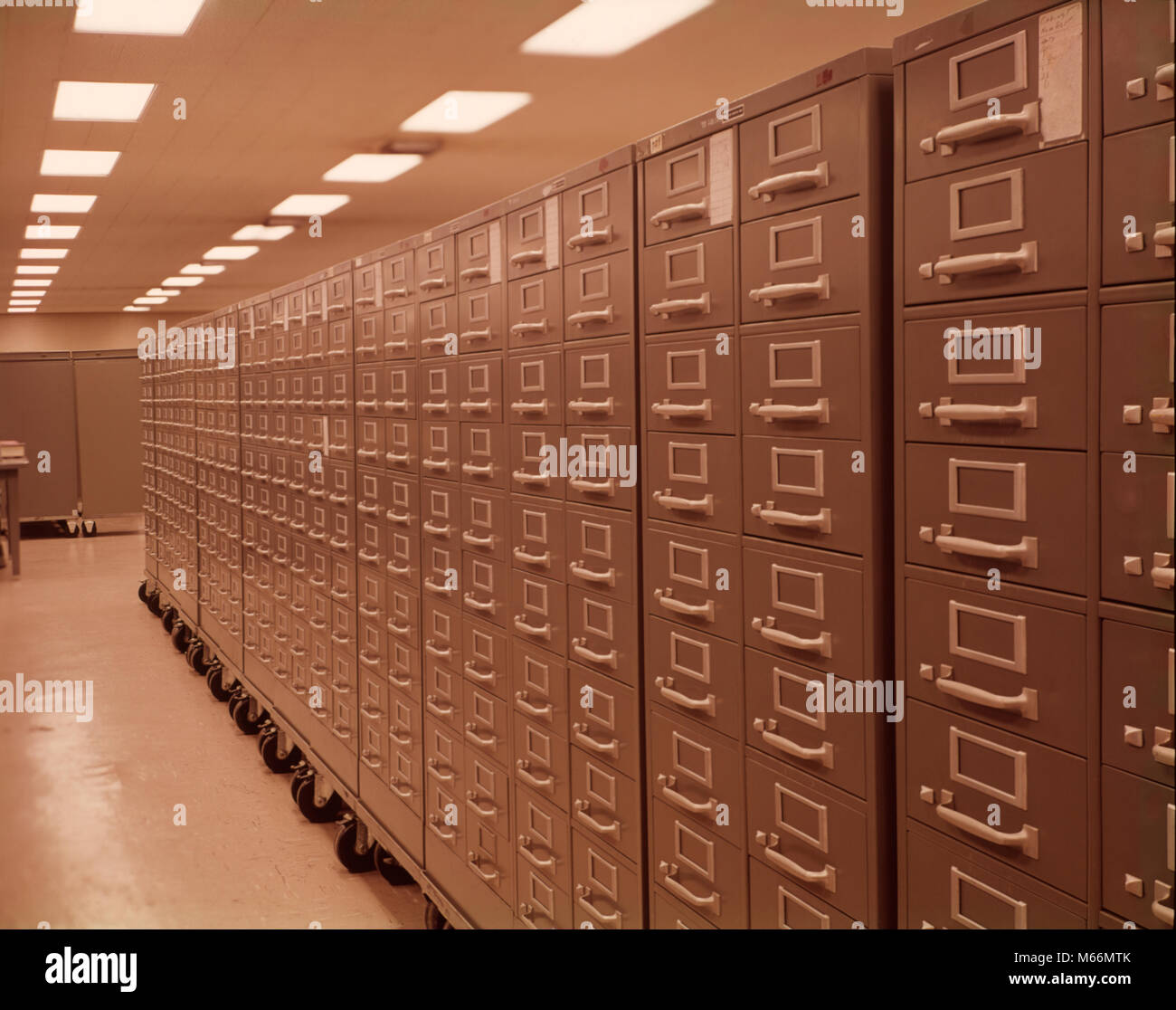 1950s 1960s LONG ROW OF GREEN GRAY METAL FILE ON CASTERS DATA