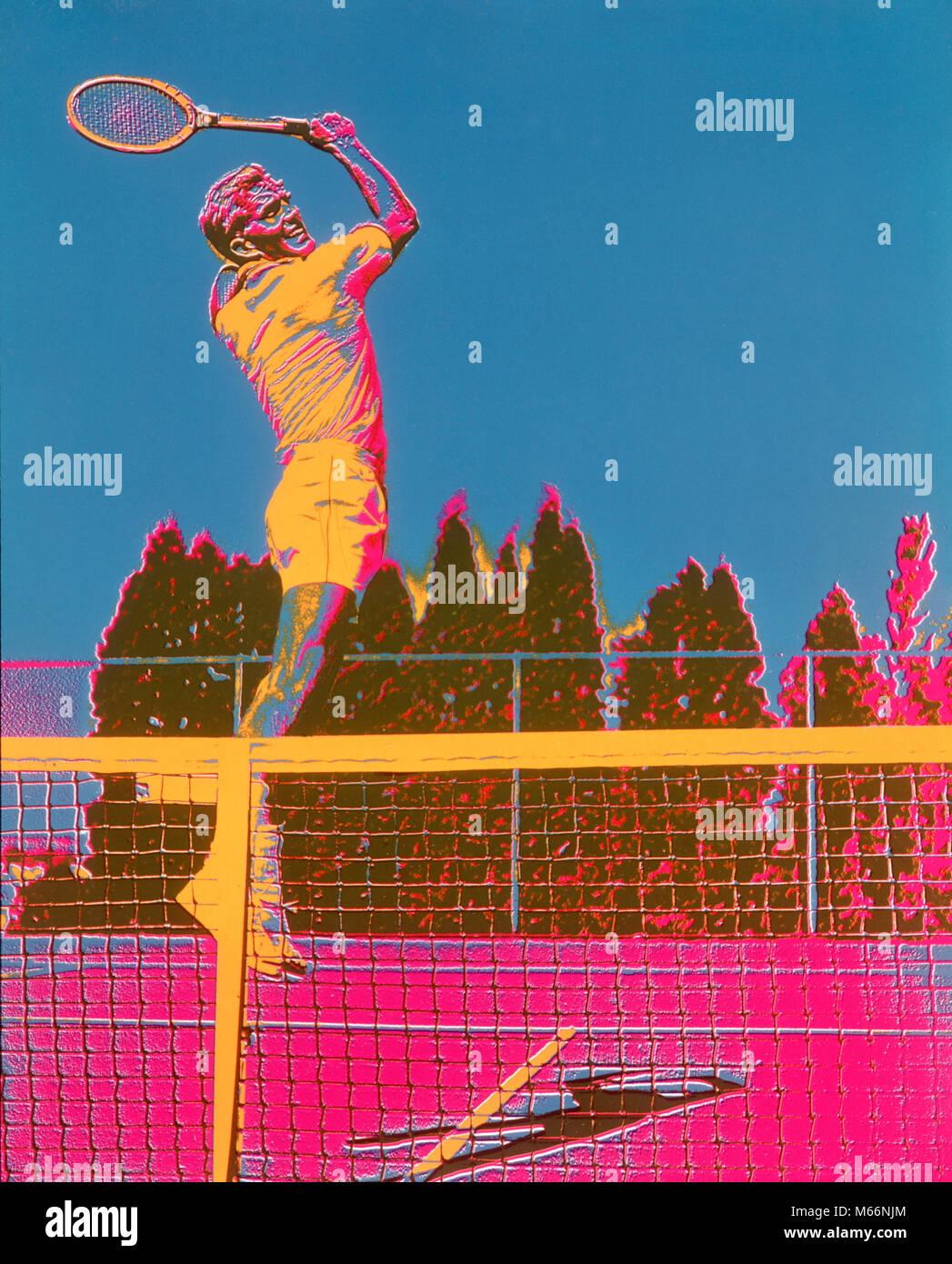 1970s 1960s POSTERIZED SPECIAL EFFECT COLORFUL MAN TENNIS PLAYER BY NET JUMPING UP FOR SHOT ACE LOB - kt1783 HAR001 HARS FULL-LENGTH PHYSICAL FITNESS GROWN-UP ATHLETIC NOSTALGIA 20-25 YEARS COLORFUL ACTIVITY PHYSICAL STRENGTHENING WEIGHT LOSS WELLNESS AEROBIC LEAP LEISURE STRENGTH SELF ESTEEM RACQUET EXCITEMENT NOBODY POWERFUL RECREATION SPECIAL EFFECT 18-19 YEARS MENTAL HEALTH HONING SKILLS RACKETS CONCEPTUAL GOOD HEALTH TENNIS RACKET TENNIS RACKETS ATHLETES FLEXIBILITY MUSCLES RACQUETS RECREATION TENNIS CARDIOVASCULAR ENHANCE MALES TECHNIQUE YOUNG ADULT MAN ACE CAUCASIAN ETHNICITY Stock Photo