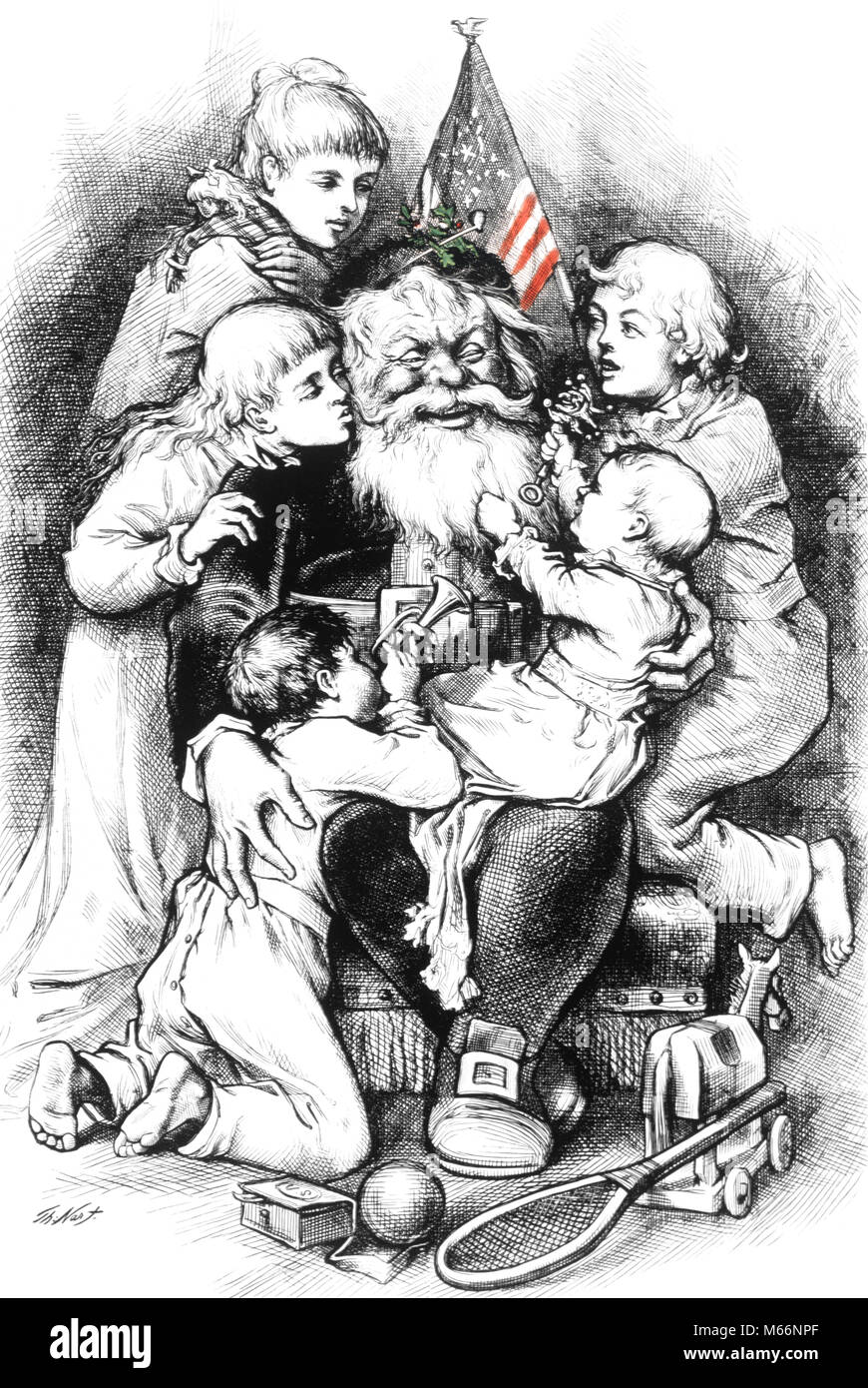 1880S THOMAS NAST LINE DRAWING OF CHILDREN AND SANTA CLAUS WITH RED WHITE AND BLUE AMERICAN FLAG - kx13204 NAW001 HARS CLAUS HOME LIFE COPY SPACE HALF-LENGTH INDOORS SENIOR MAN SAINT SENIOR ADULT NOSTALGIA HISTORIC DREAMS HAPPINESS AND EXCITEMENT SANTA CLAUS HOLLY FACIAL HAIR DECEMBER DECEMBER 25 1880s KRIS KRINGLE ST. NICK SMALL GROUP OF PEOPLE FATHER CHRISTMAS JOLLY JUVENILES MALES NICHOLAS NAST OLD FASHIONED PERSONS THOMAS NAST Stock Photo