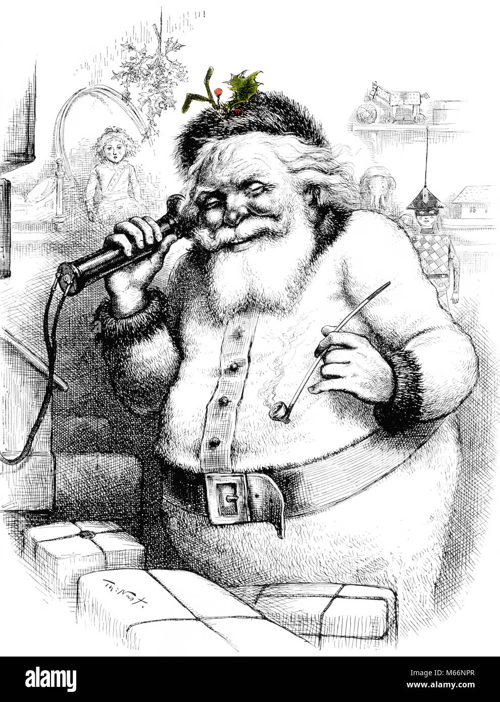 1880s THOMAS NAST LINE DRAWING OF SANTA CLAUS ON TELEPHONE WITH PIPE IN HAND AND GREEN HOLLY AND BERRIES IN HIS HAT - kx13205 NAW001 HARS SENIOR MAN SAINT SENIOR ADULT NOSTALGIA CANDLESTICK HISTORIC HAPPINESS HIS AND SANTA CLAUS HOLLY FACIAL HAIR PHONES DECEMBER DECEMBER 25 1880s KRIS KRINGLE ST. NICK BERRIES FATHER CHRISTMAS JOLLY MALES NICHOLAS NAST OLD FASHIONED PERSONS THOMAS NAST WALL PHONE Stock Photo