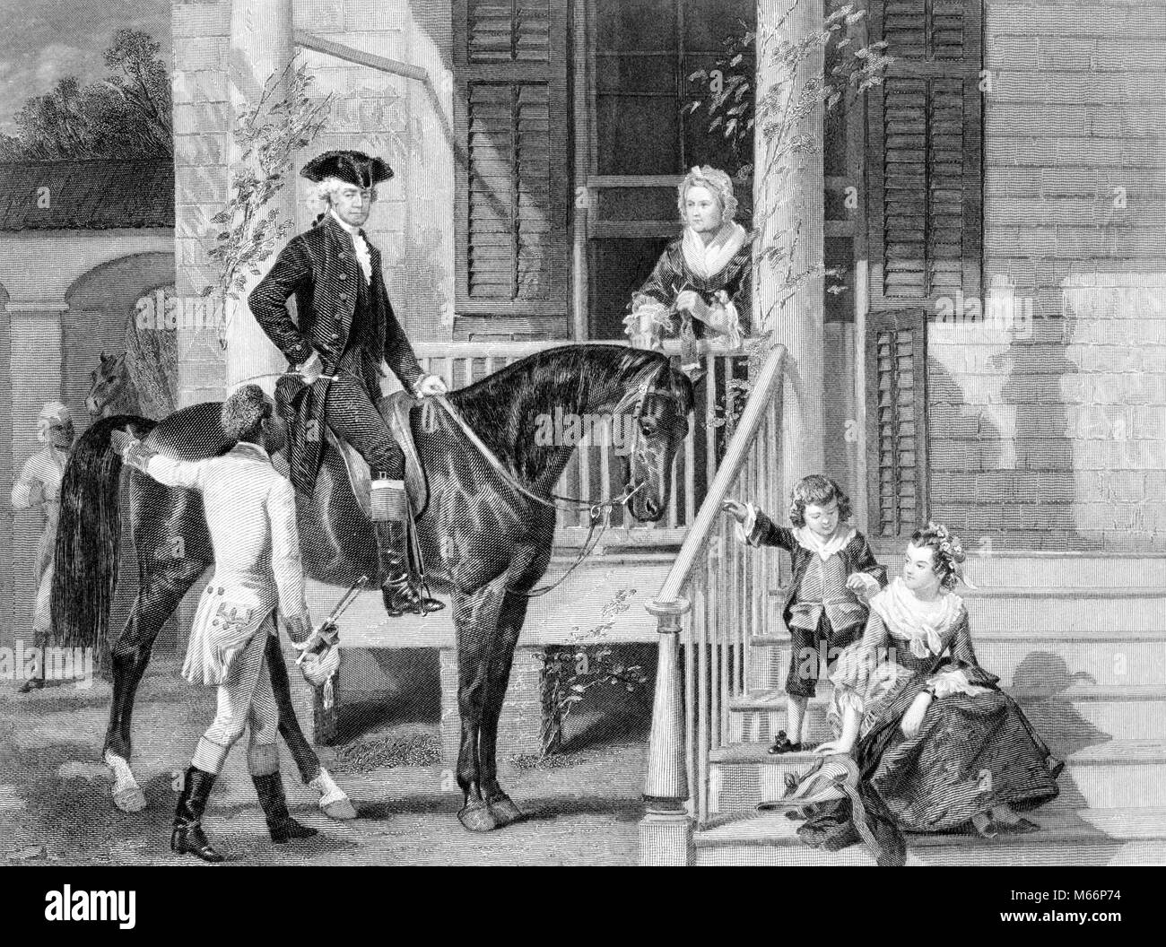 1700s 1760s GEORGE WASHINGTON ON HORSE WITH FAMILY MARTHA TWO GRANDCHILDREN AND SERVANT AT PORCH STEPS OF MOUNT VERNON VIRGINIA - q53000 CPC001 HARS VIRGINIA HORSES COLONIAL CAUCASIAN LIFESTYLE HISTORY FEMALES MARRIED RURAL SPOUSE HUSBANDS PRESIDENT HOME LIFE UNITED STATES COPY SPACE FULL-LENGTH MOUNT UNITED STATES OF AMERICA ANIMALS GRANDCHILDREN TRANSPORTATION NOSTALGIA MIDDLE-AGED NORTH AMERICA MIDDLE-AGED MAN 3-4 YEARS 40-45 YEARS 45-50 YEARS 7-9 YEARS HISTORIC ONE ANIMAL WIVES HAPPINESS MAMMALS MIDDLE-AGED WOMAN STRENGTH AFRICAN-AMERICANS AFRICAN-AMERICAN AND LEADERSHIP BLACK ETHNICITY Stock Photo