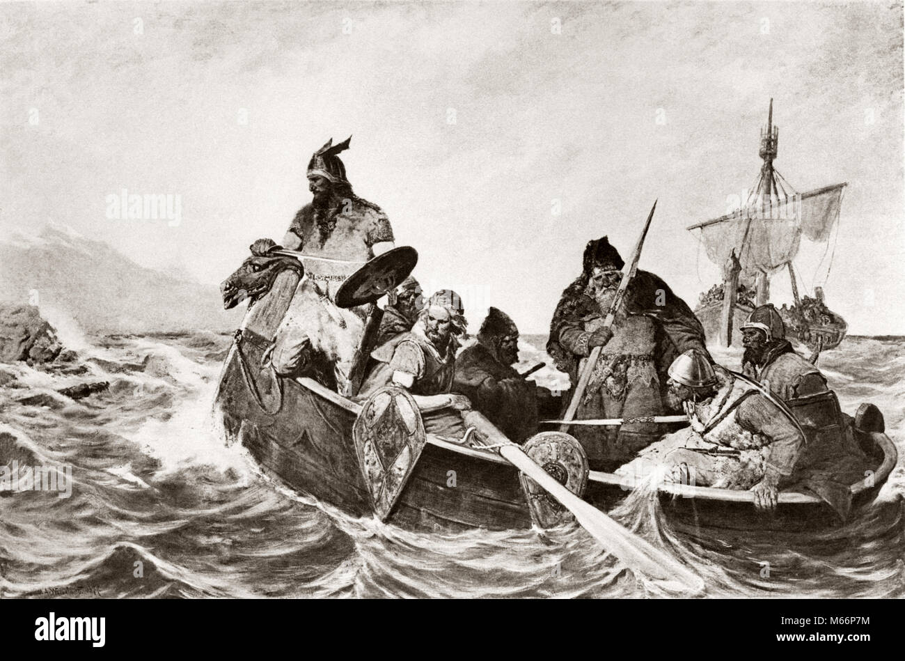 870 AD VIKINGS LEAD BY NADDODDR DISCOVERING NEW WORLD ILLUSTRATION BY O.A. WERGELAND - q57500 CPC001 HARS SEAMAN SHIP OCEAN VIKINGS WERGELAND Stock Photo