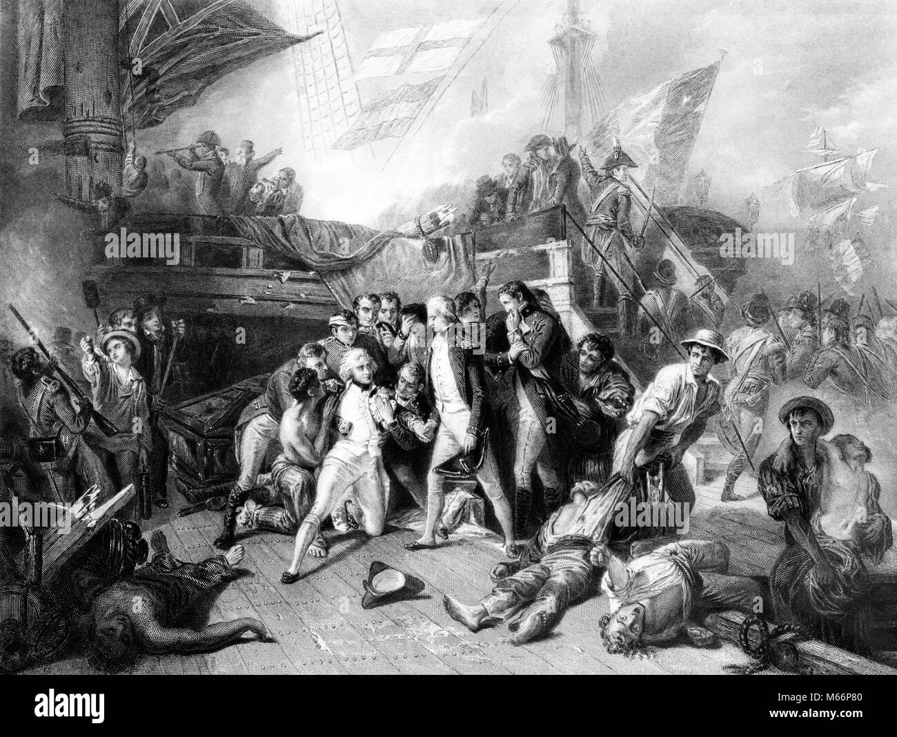 1800s ENGRAVING DEATH OF VICE-ADMIRAL HORATIO LORD NELSON 1805 BATTLE OF TRAFALGAR VISCOUNT BRITISH NAVAL NAPOLEONIC WAR HERO - q59064 CPC001 HARS FAMOUS LEADERSHIP SUPPORT ONE PERSON WITH OTHERS COOPERATION HERO CONFLICTING MALES 1805 ADMIRAL B&W BATTLING BLACK AND WHITE CAUCASIAN ETHNICITY FAMOUS PERSON HAR001 HEROISM HORATIO LORD NELSON OLD FASHIONED PERSONALITIES PERSONS TRAFALGAR VICE-ADMIRAL VISCOUNT Stock Photo