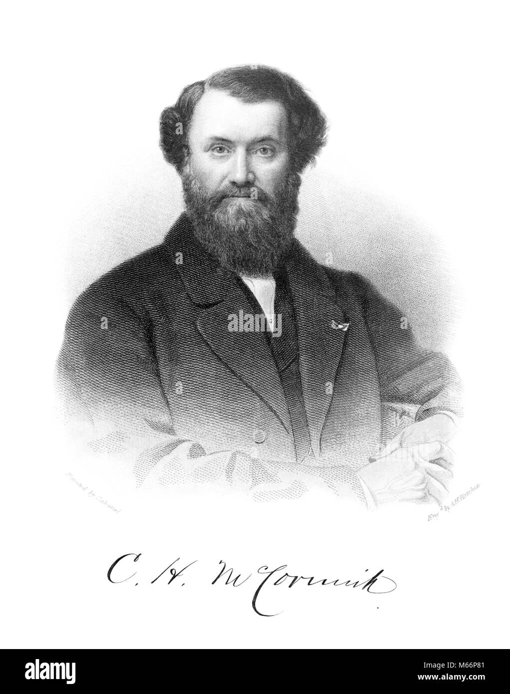 1840s PORTRAIT CYRUS H MCCORMICK INVENTOR MANUFACTURER OF FARM REAPING MACHINE LOOKING AT CAMERA - q59294 CPC001 HARS INNOVATION FACIAL HAIR CREATIVITY GROW IMAGINATION REAPER REAPING SALESMEN INVENTOR MALES 1840s A.H. B&W BLACK AND WHITE CABANEL CAUCASIAN ETHNICITY CYRUS ENGRAVING BY A.H. RITCHIE FAMOUS PERSON LOOKING AT CAMERA MANUFACTURER MCCORMICK OCCUPATIONS OLD FASHIONED PERSONALITIES PERSONS PICTURE BY CABANEL RITCHIE Stock Photo