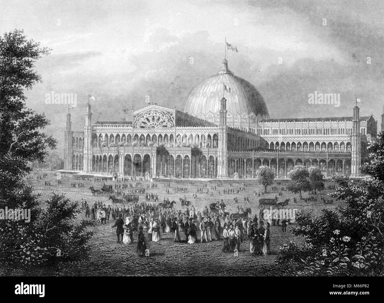 1800s 1850s 1853 NEW YORK CITY WORLD'S FAIR THE CRYSTAL PALACE EXHIBIT HALL NOW BRYANT PARK - q59360 CPC001 HARS CRYSTAL PALACE DESTROYED EXPO EXPOSITION GLASS AND IRON INDUSTRY OF ALL NATIONS OLD FASHIONED Stock Photo