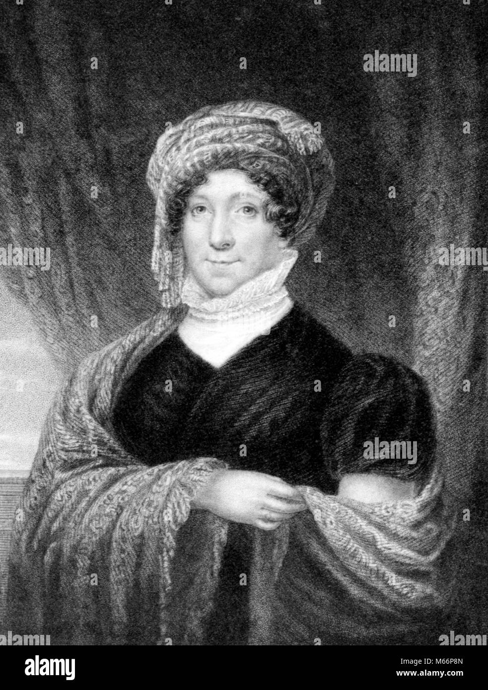 1800s 1810s MRS. DOLLEY PAYNE MADISON FIRST LADY WIFE OF JAMES MADISON LOOKING AT CAMERA HALFTONE - q62256 CPC001 HARS STYLES LEADERSHIP POLITICS SMILES JOYFUL FASHIONS MID-ADULT MID-ADULT WOMAN 1810s B&W BLACK AND WHITE CAUCASIAN ETHNICITY DOLLEY FIRST LADY JAMES LOOKING AT CAMERA MADISON MRS. OLD FASHIONED PAYNE PERSONS PRESIDENT’S Stock Photo