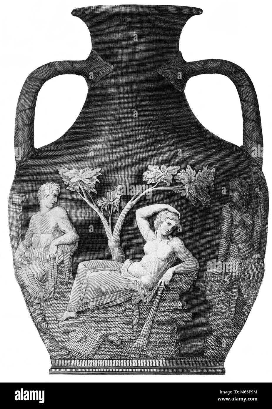 ENGRAVING OF PORTLAND VASE - FIRST CENTURY B.C. ROMAN CAMEO GLASS URN AMPHORA - q64018 CPC001 HARS ARTS B&W BLACK AND WHITE BRITISH MUSEUM FUNERARY FUNERARY URN OLD FASHIONED PERSONS PORTLAND VASE ROMAN CAMEO GLASS URN Stock Photo