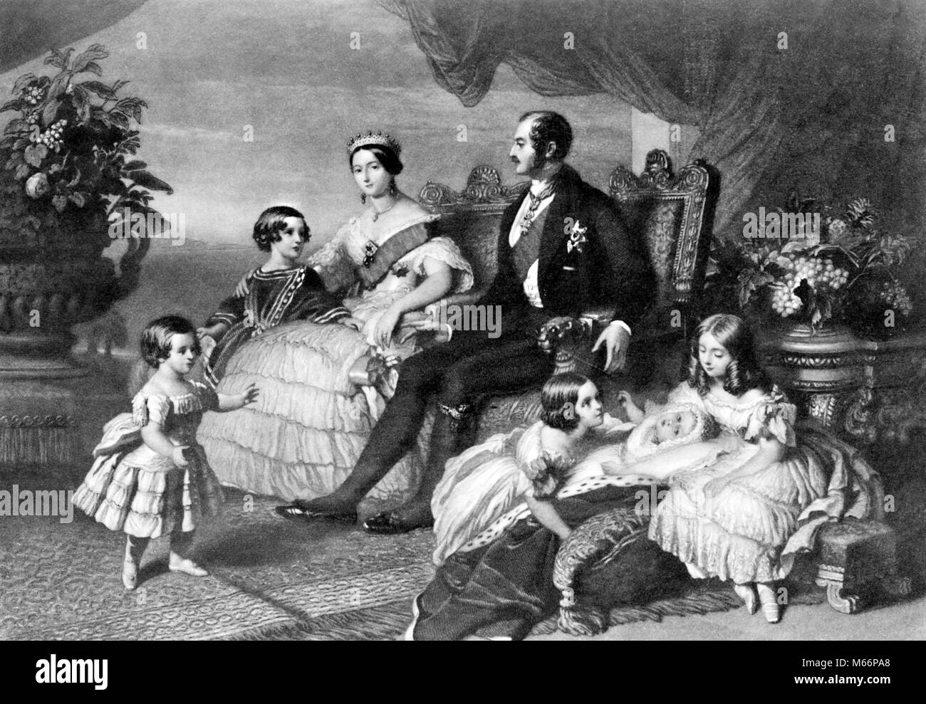 ROYAL FAMILY OF ENGLAND QUEEN VICTORIA PRINCE ALBERT 5 CHILDREN BY WINTERHALTER GROUP PORTRAIT - q65010 CPC001 HARS SONS JOY LIFESTYLE FIVE HISTORY FEMALES MARRIED 5 BROTHERS SPOUSE HUSBANDS HOME LIFE COPY SPACE FRIENDSHIP LADIES DAUGHTERS COUPLES INDOORS SIBLINGS ENGRAVING SISTERS ENGLISH FAMILIES NOSTALGIA TOGETHERNESS HISTORIC WIVES HAPPINESS PERSONALITY FAMOUS LEADERSHIP PRIDE AUTHORITY POLITICS SIBLING MONARCH CONNECTION ROYAL 19TH CENTURY GROUP OF PEOPLE ROYALTY VICTORIA JUVENILES MALES PRINCE PRINCE ALBERT QUEEN VICTORIA REGAL ROYAL FAMILY WINTERHALTER 1846 ALBERT B&W BLACK AND WHITE Stock Photo