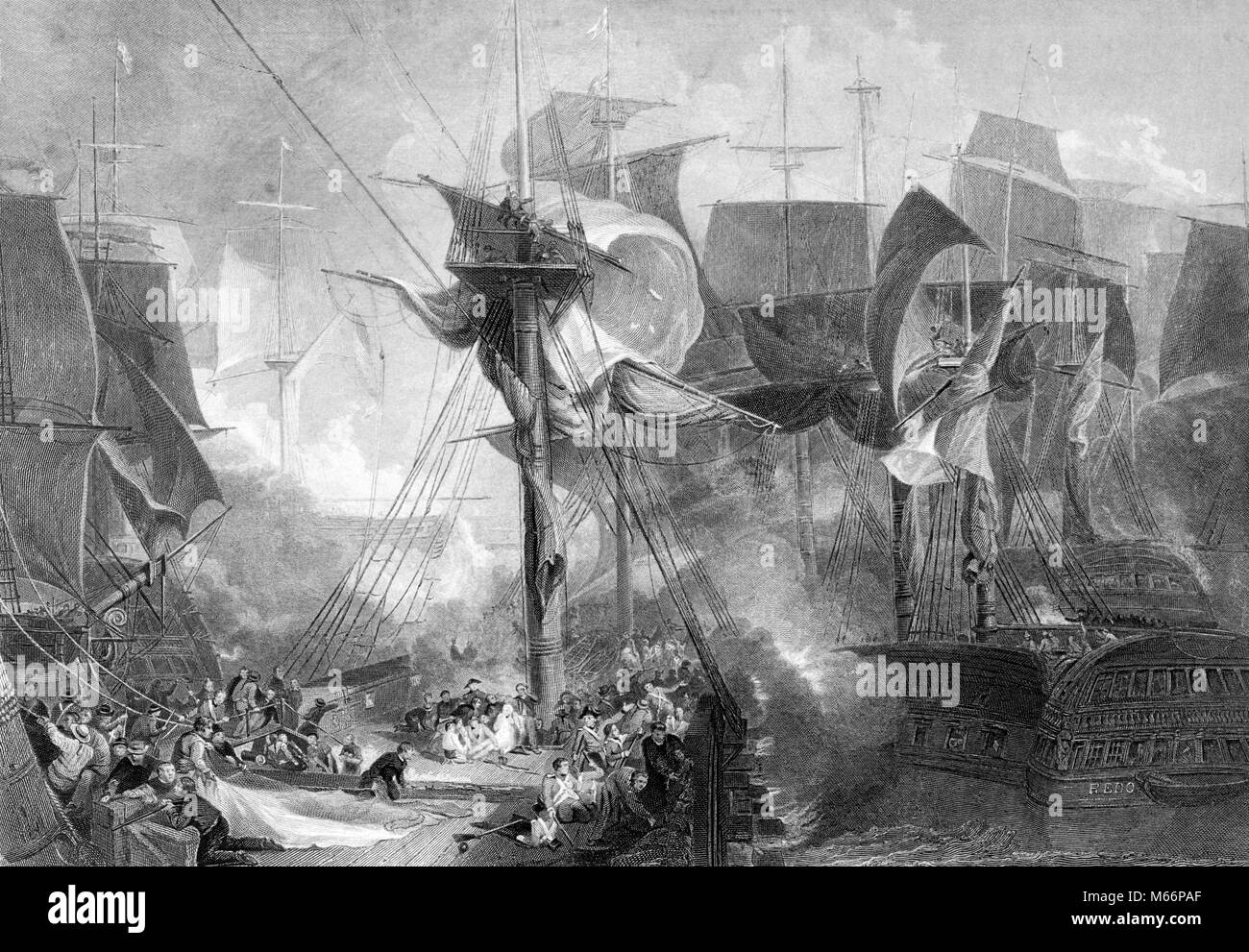 1805 DEATH OF LORD NELSON KILLED IN ACTION NAVAL BATTLE OF TRAFALGAR BRITISH AND FRENCH SAILING WARSHIPS DURING NAPOLEONIC WAR - q66054 CPC001 HARS STRENGTH VICTORY DEATH STRATEGY NAVAL EXCITEMENT LEADERSHIP CANNONS ONE PERSON WITH OTHERS ARTS MOBILITY ARMED FORCE ATLANTIC OCEAN CONFLICTING NAPOLEONIC SAILS 1805 B&W BATTLING BLACK AND WHITE HORATIO NELSON KILLED LORD LORD NELSON NAVAL BATTLE NAVAL WARFARE NELSON OCCUPATIONS OCTOBER 21 OLD FASHIONED SOUTHWEST COAST OF SPAIN TRAFALGAR WARSHIPS Stock Photo