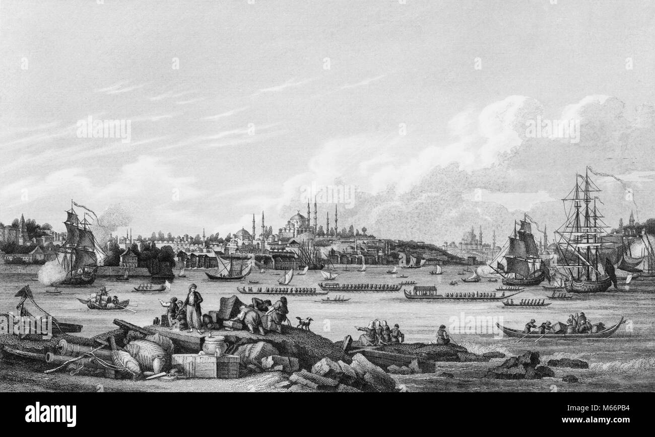 1800s THE SULTAN GOING TO THE MOSQUE IN CONSTANTINOPLE NOW ISTANBUL TURKEY VIEW OF HARBOR SHIPS AND SULTAN'S BARGES CIRCA 1834 - q68013 CPC001 HARS TURKISH Stock Photo