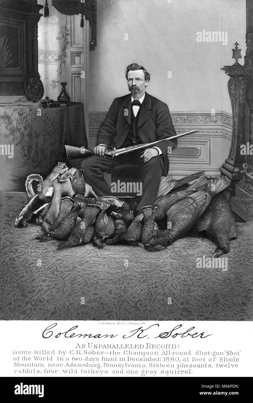 1880s COLEMAN K SOBER CHAMPION HUNTER POSED LOOKING AT CAMERA WITH PARKER SHOTGUN AND HARVEST OF PHEASANTS TURKEYS AND RABBITS - q74798 CPC001 HARS 1880s SHOOTER FIREARM FIREARMS GROUP OF ANIMALS MALES MID-ADULT MID-ADULT MAN POSED SHARPSHOOTER B&W BLACK AND WHITE CAUCASIAN ETHNICITY CHESTNUT TREES COLEMAN COLEMAN K. SOBER CRACK SHOT ENVIRONMENTALIST EXCESSIVE EXHIBITION SHOOTER K. KILL LOOKING AT CAMERA MARKSMAN OCCUPATIONS OLD FASHIONED PERSONS SOBER TIMBER MERCHANT WILD TURKEY Stock Photo