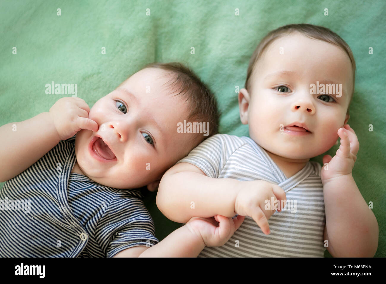 Newborn twins boys are lying on the bed Stock Photo Alamy