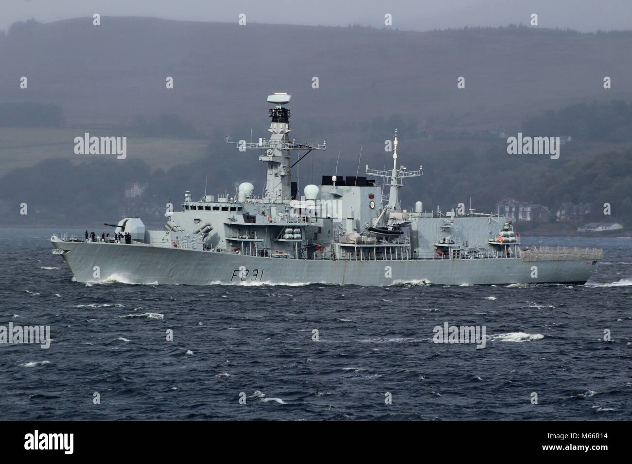 HMS Argyll (F231), a Duke-class (Type 23) frigate operated by the Royal Navy, heads down the Clyde at the start of Exercise Joint Warrior 17-2. Stock Photo