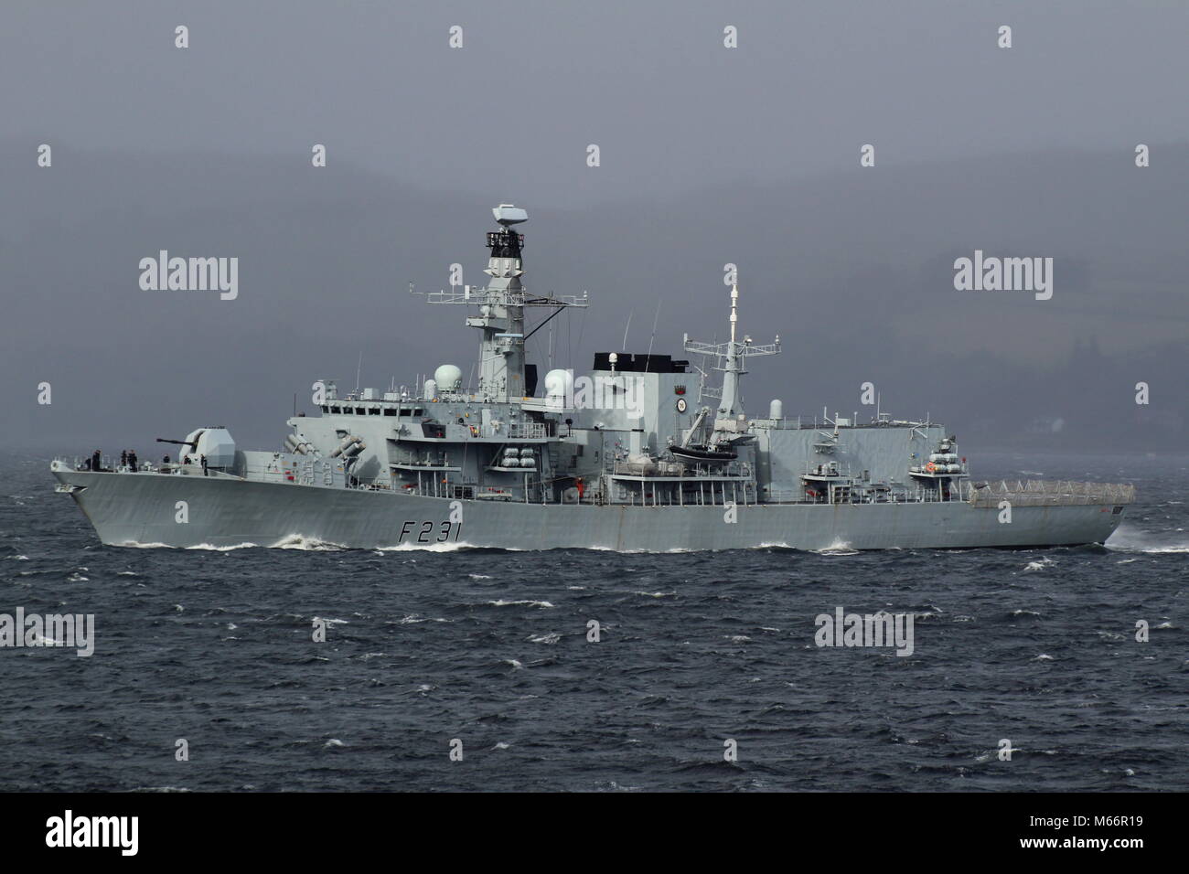HMS Argyll (F231), a Duke-class (Type 23) frigate operated by the Royal Navy, heads down the Clyde at the start of Exercise Joint Warrior 17-2. Stock Photo