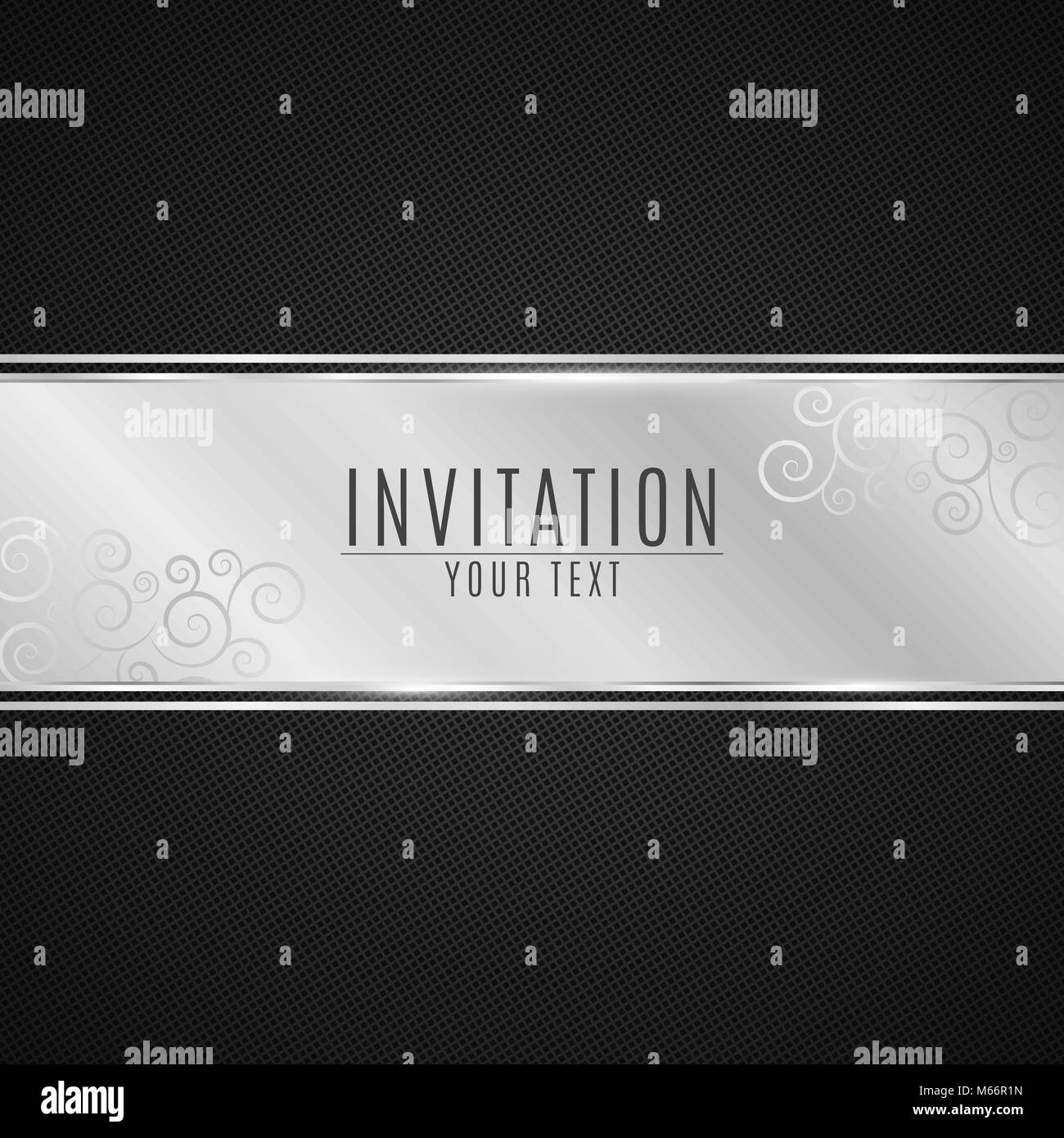 Luxurious invitation. Silver ribbon banner on a black background with a