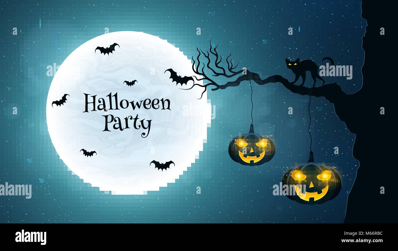 Background for Halloween party. Black cat walks through the tree. Bats fly against the background of the full moon. Halloween pumpkins with glowing ey Stock Vector